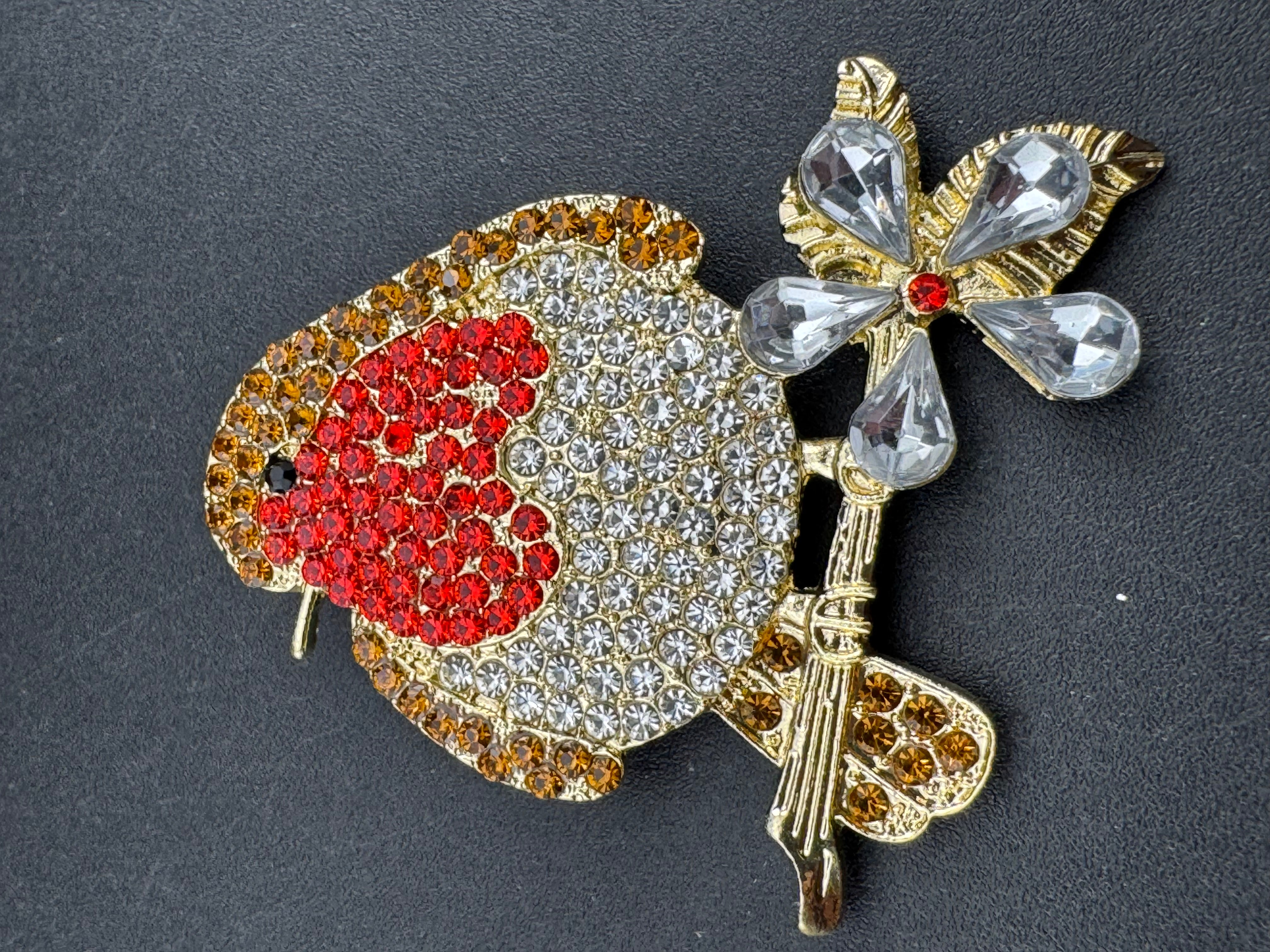 Diamanté Christmas robin brooch red brown crystals