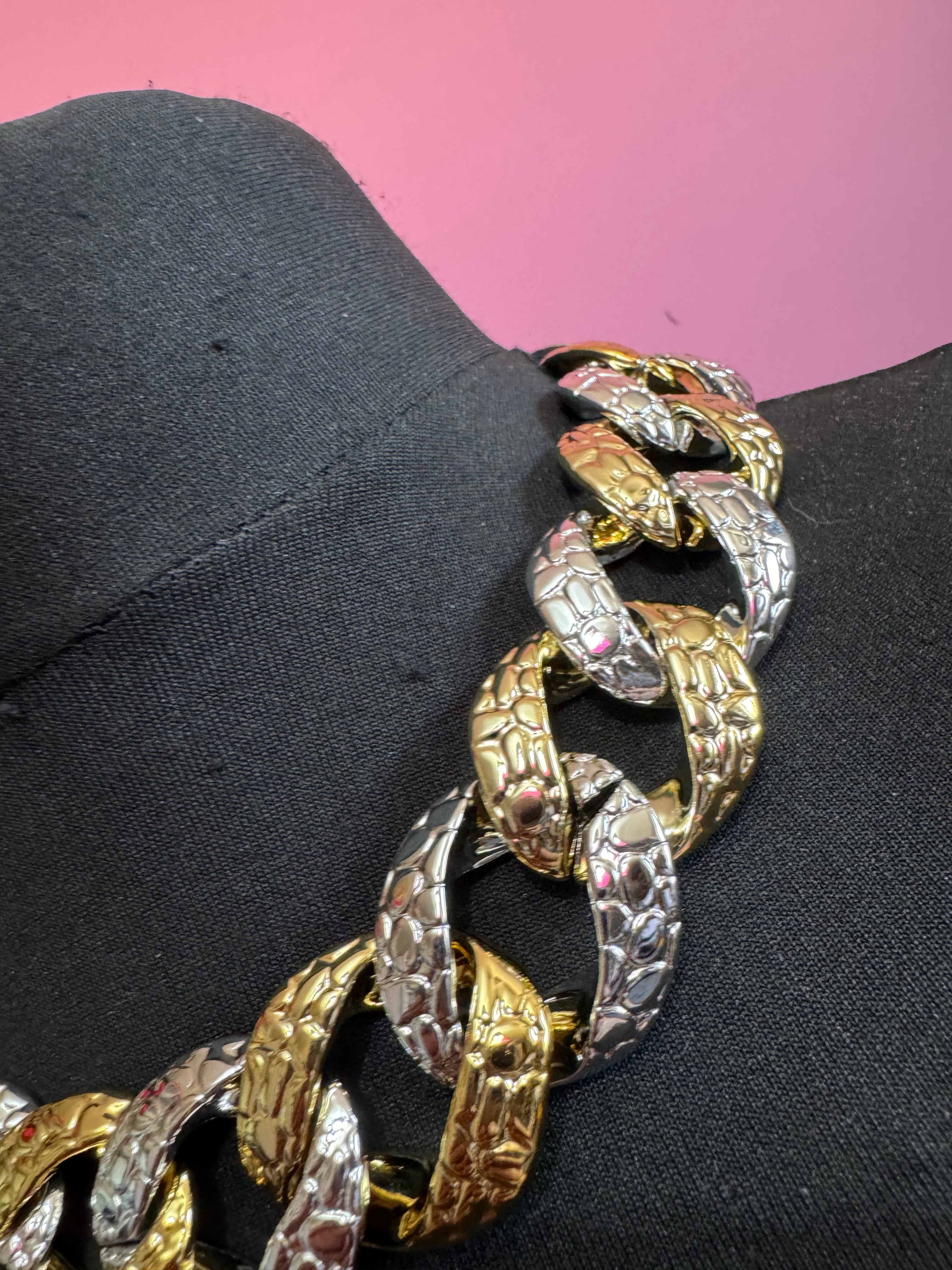 Chunky acrylic gold and silver curb link choker necklace, oversized jewellery