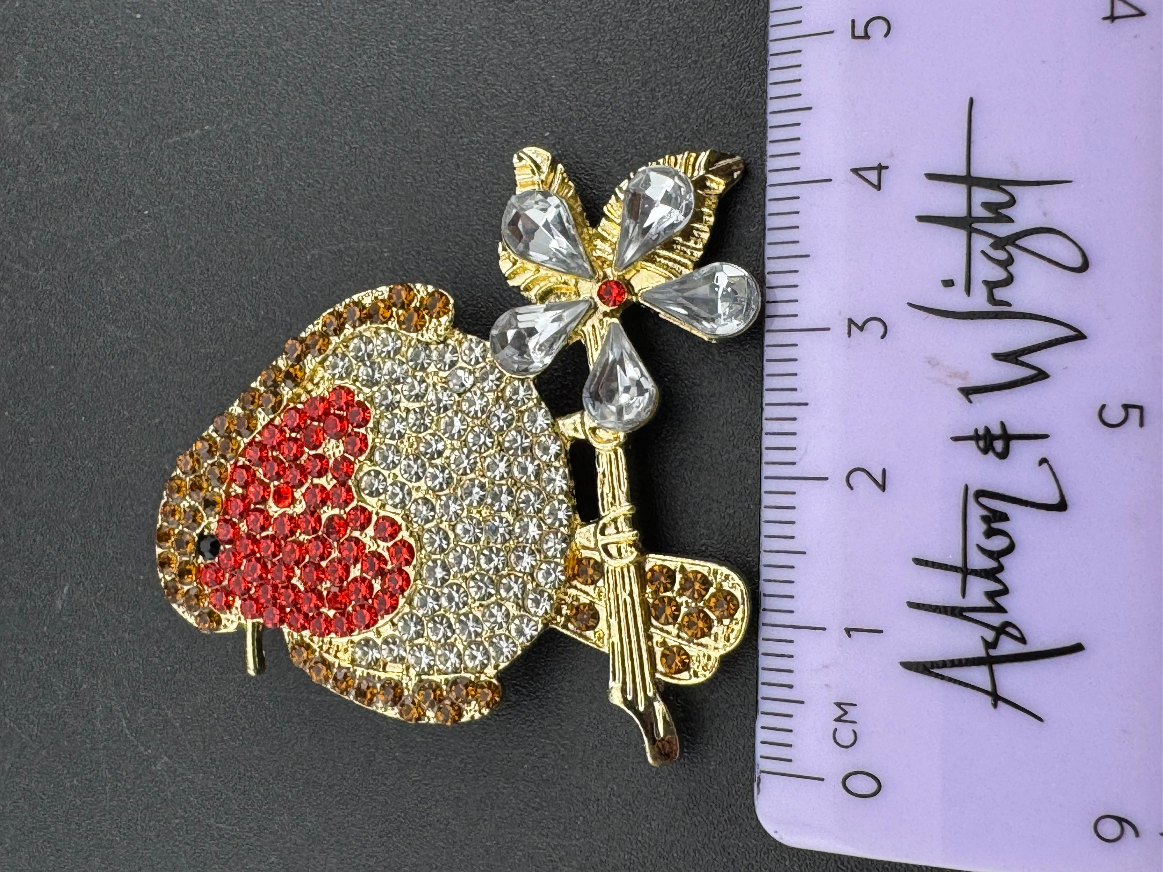 Diamanté Christmas robin brooch red brown crystals
