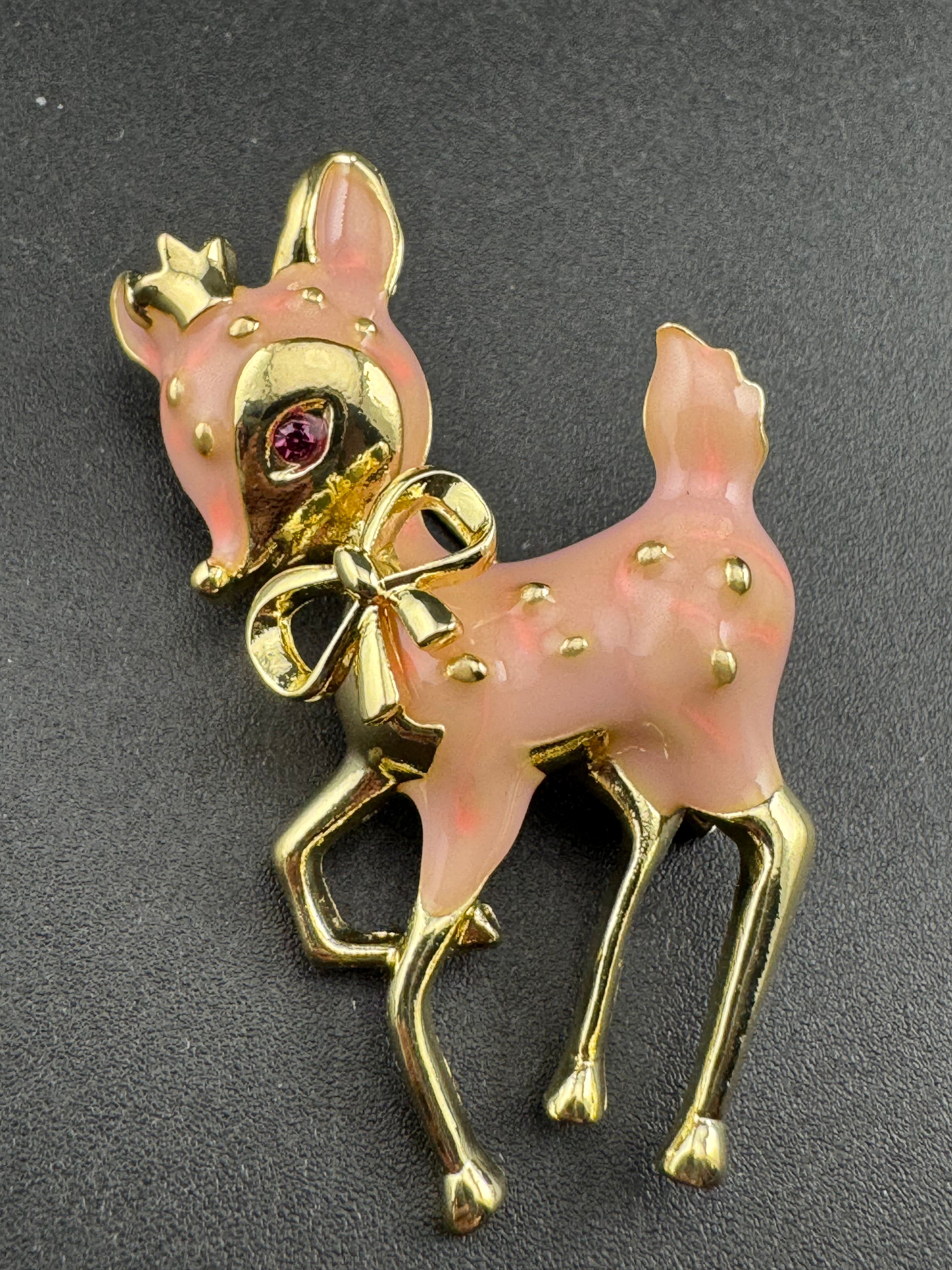 Cute pink Enamel deer Fawn Christmas brooch , woodland animal