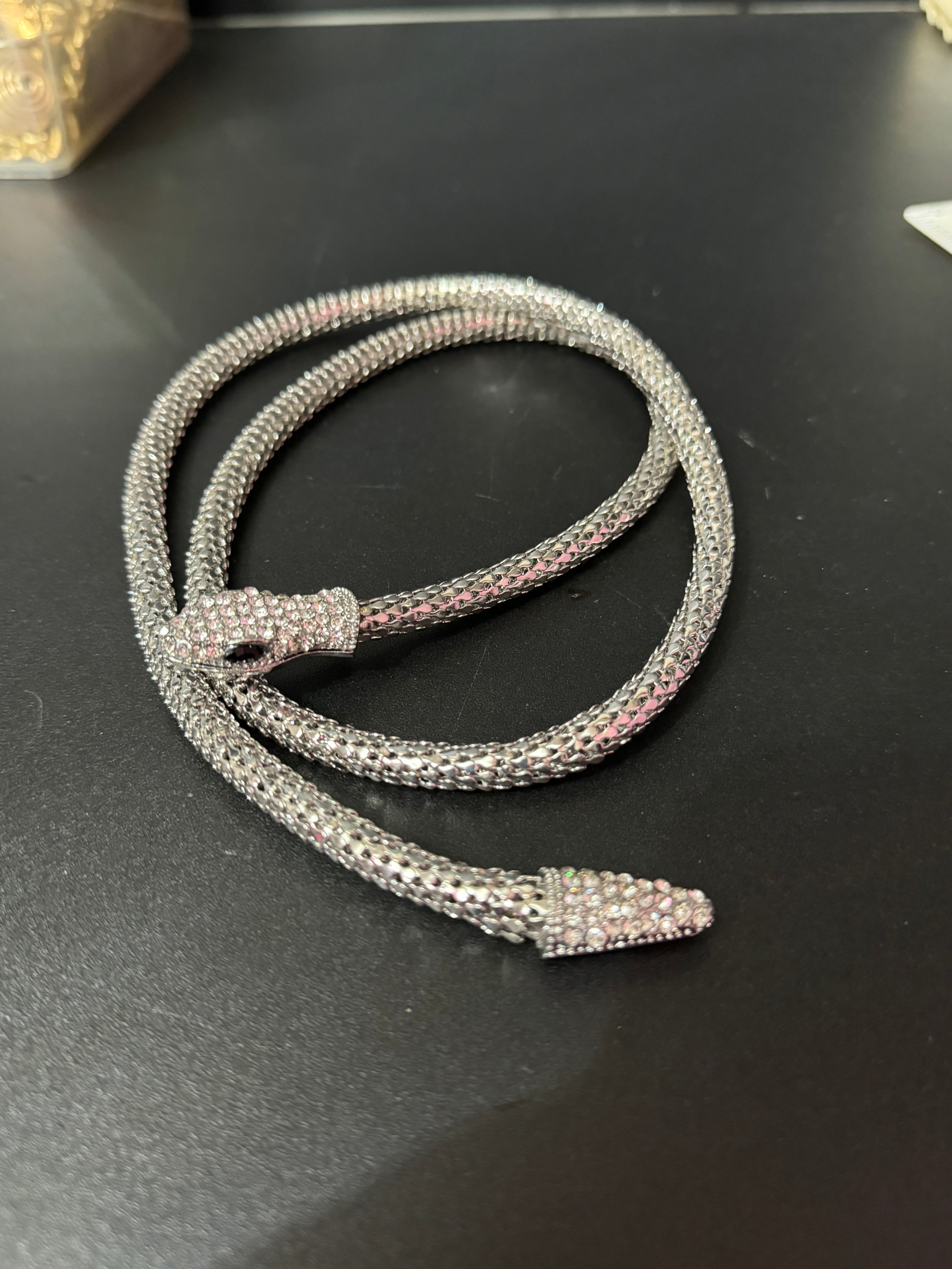 Silver tone mesh bendy wrap round magnetic snake choker collar necklace