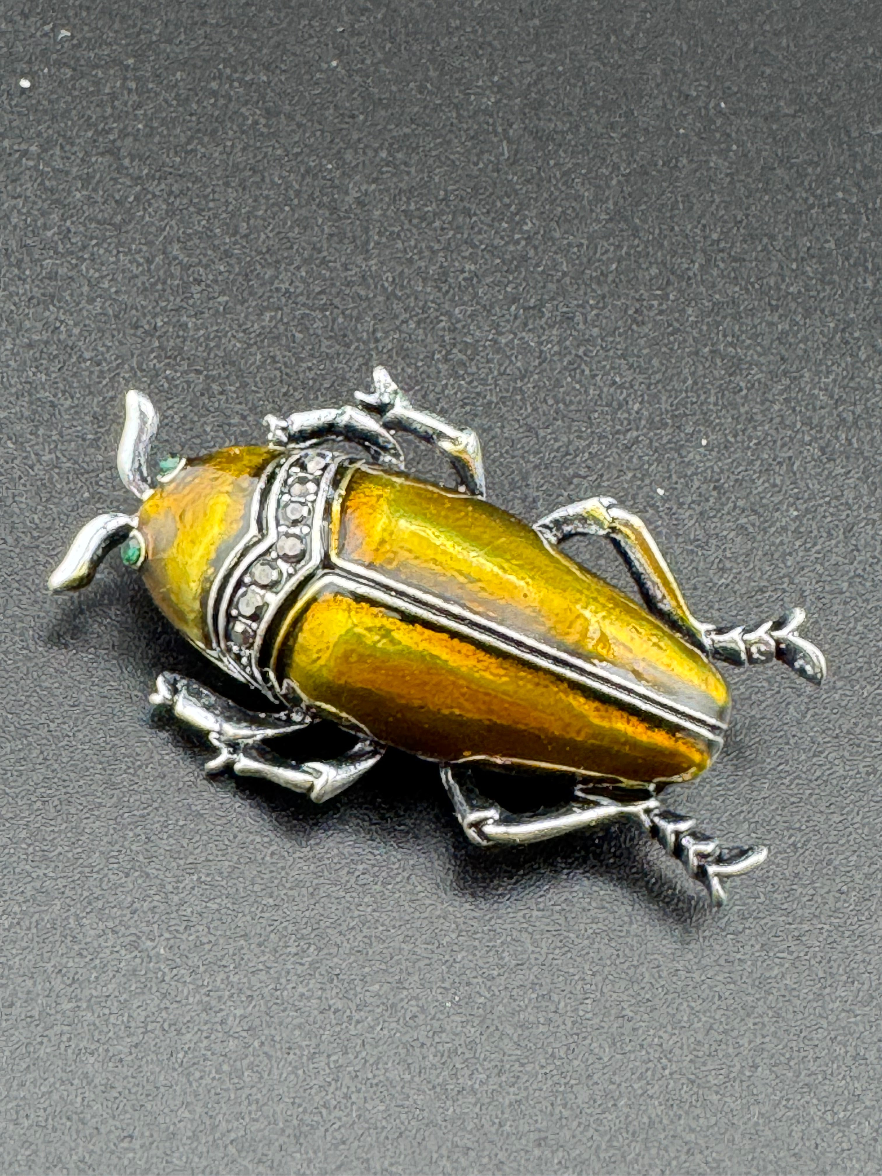 Marcasite beetle brooch, Bronze gold metallic enamel , new bug brooch