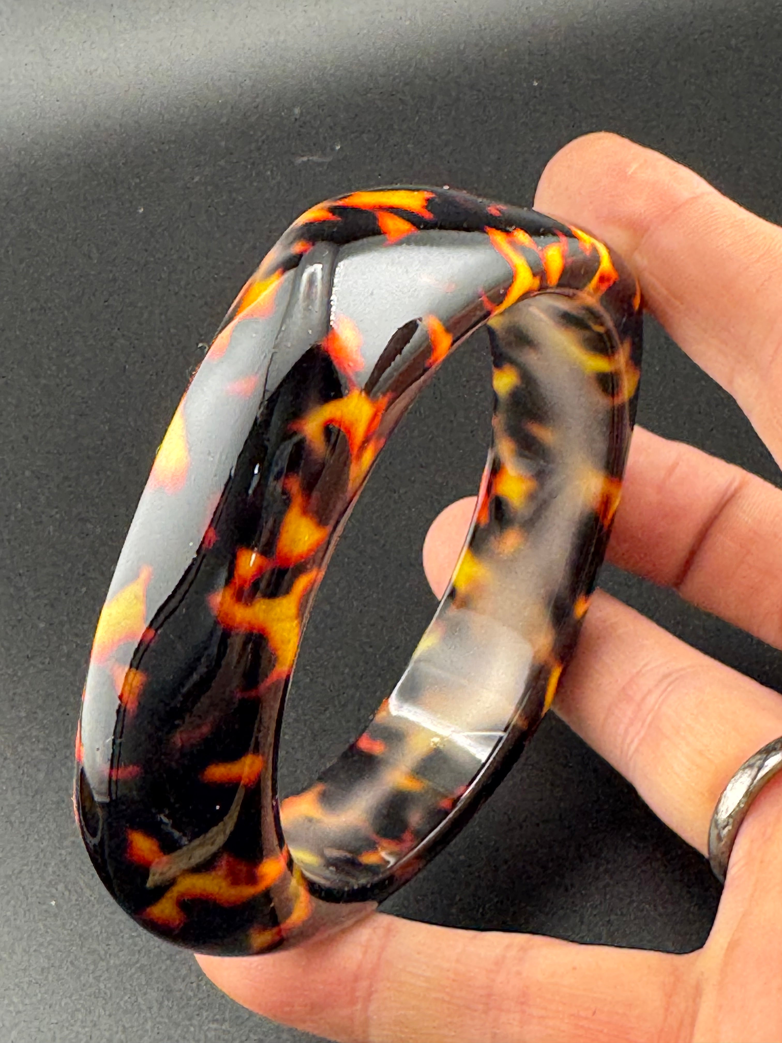 Wide acrylic brown faux tortoiseshell bangle bracelet, leopard print abstract geometric