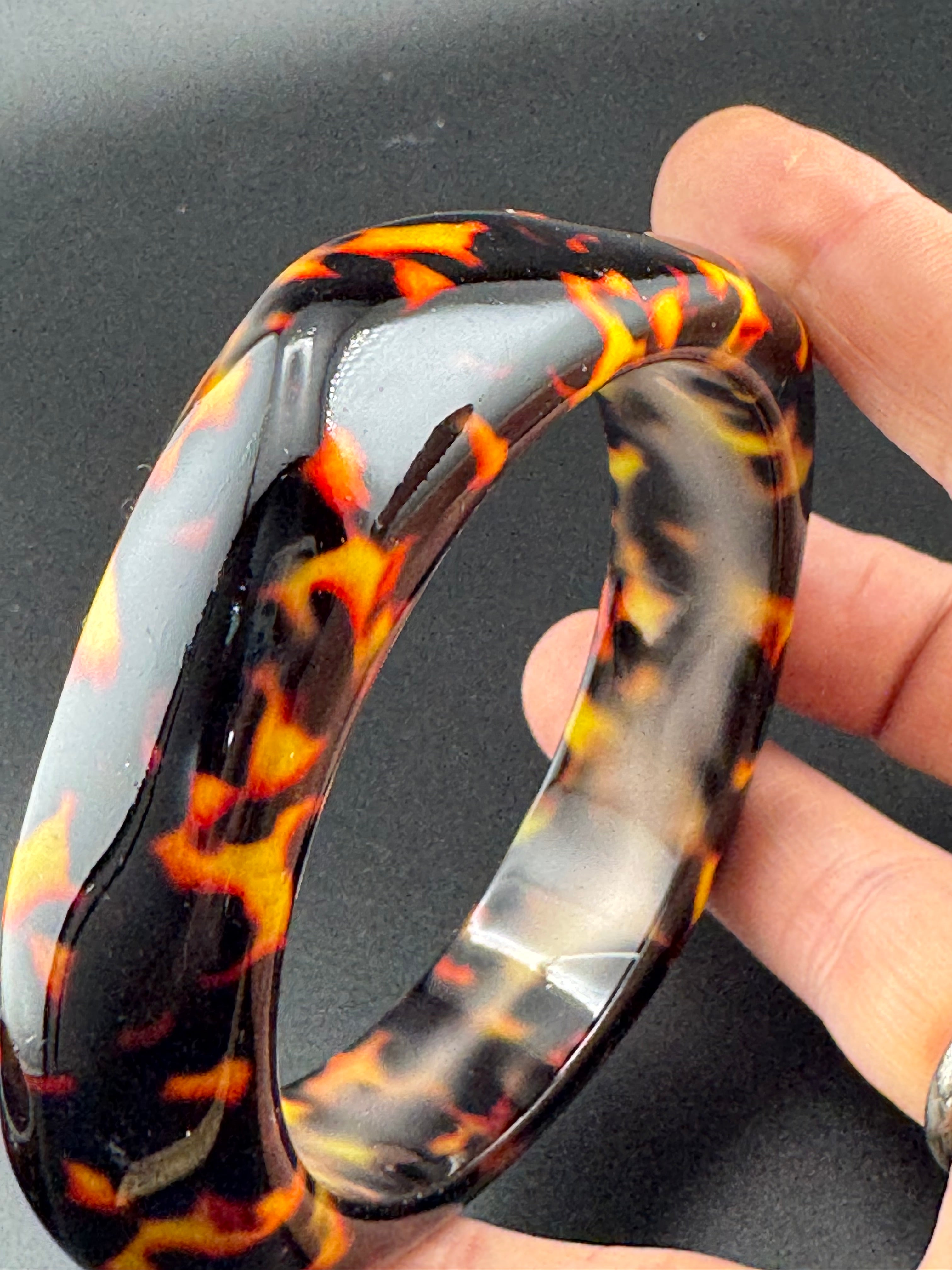 Wide acrylic brown faux tortoiseshell bangle bracelet, leopard print abstract geometric