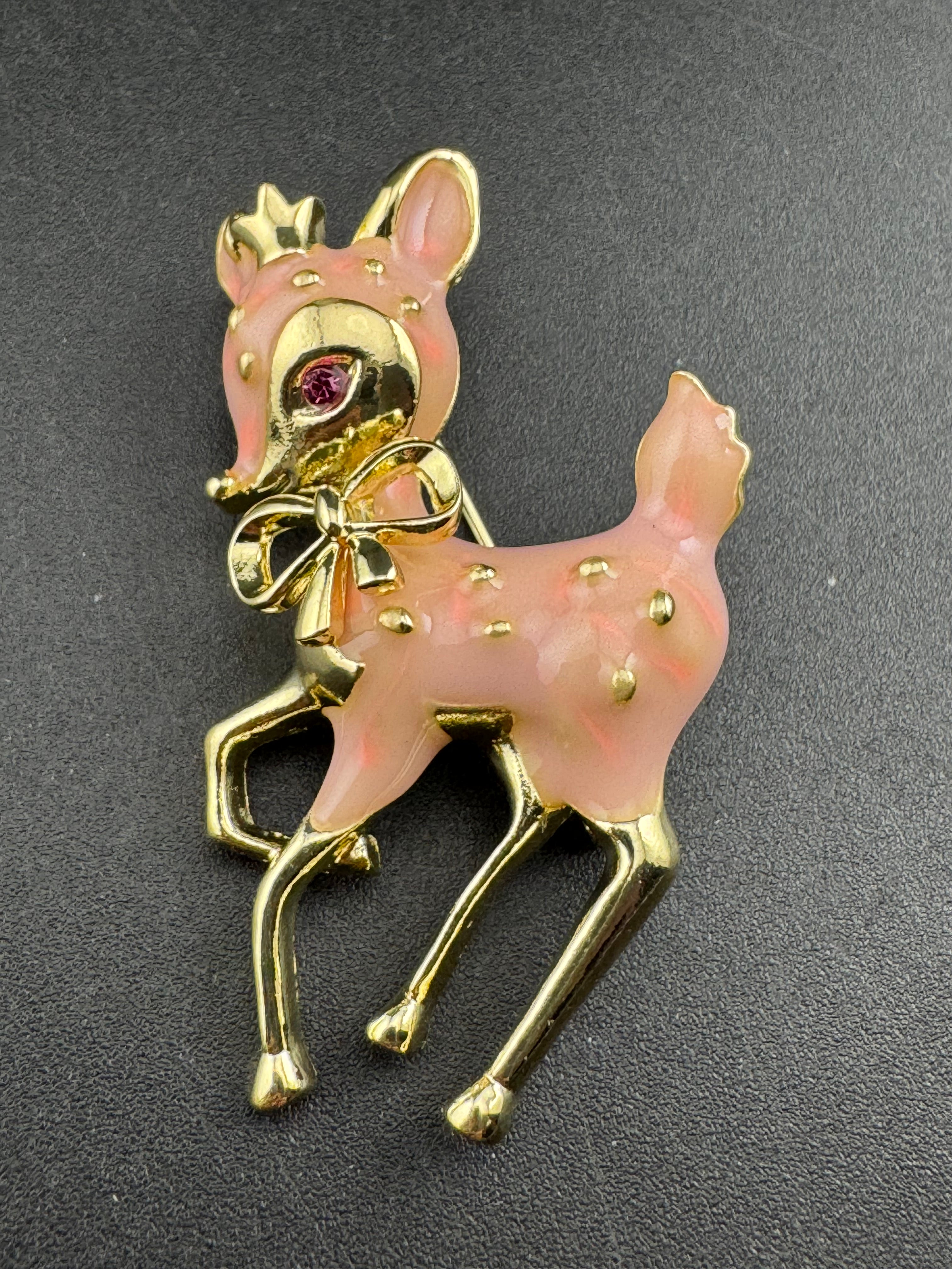 Cute pink Enamel deer Fawn Christmas brooch , woodland animal