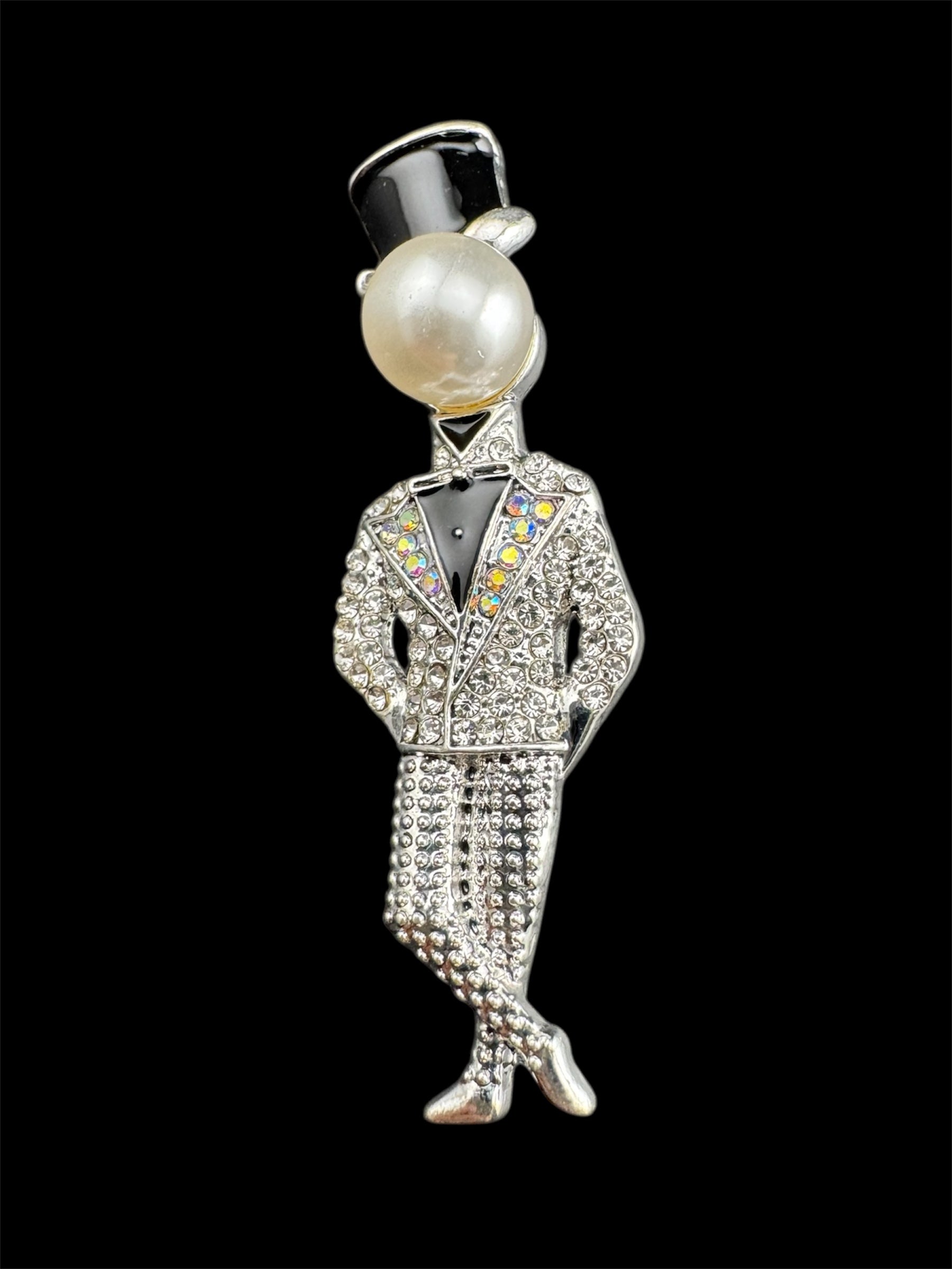 Dandy man in top hat novelty crystal mens brooch