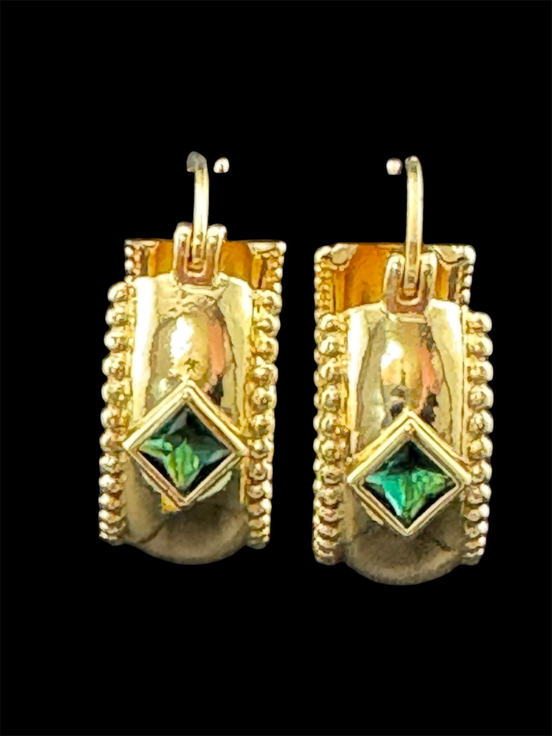 Wide crystal gold hoop earrings with pink emerald and tourmaline crystals