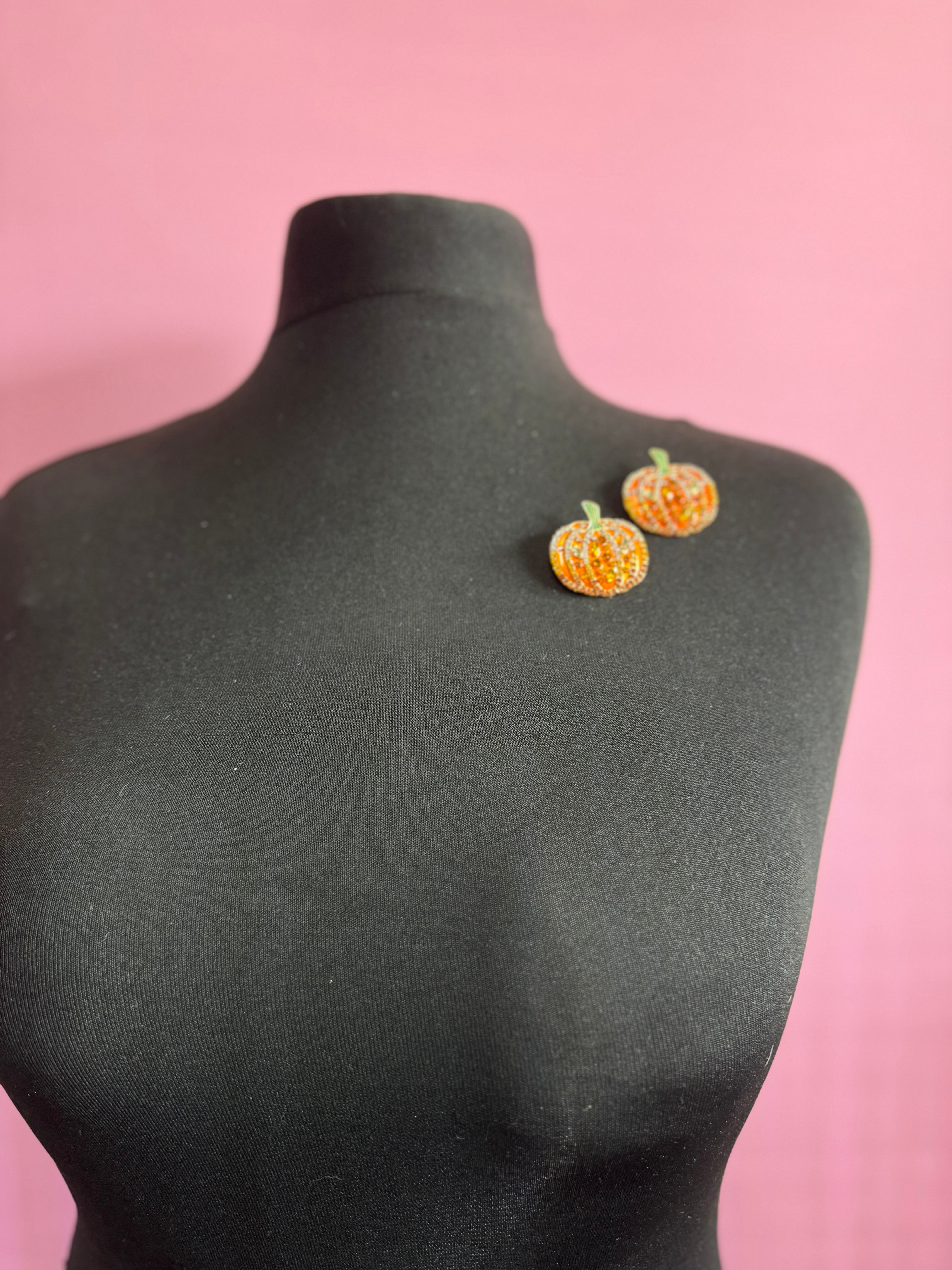 Oversized crystal orange enamel pumpkin earrings pierced