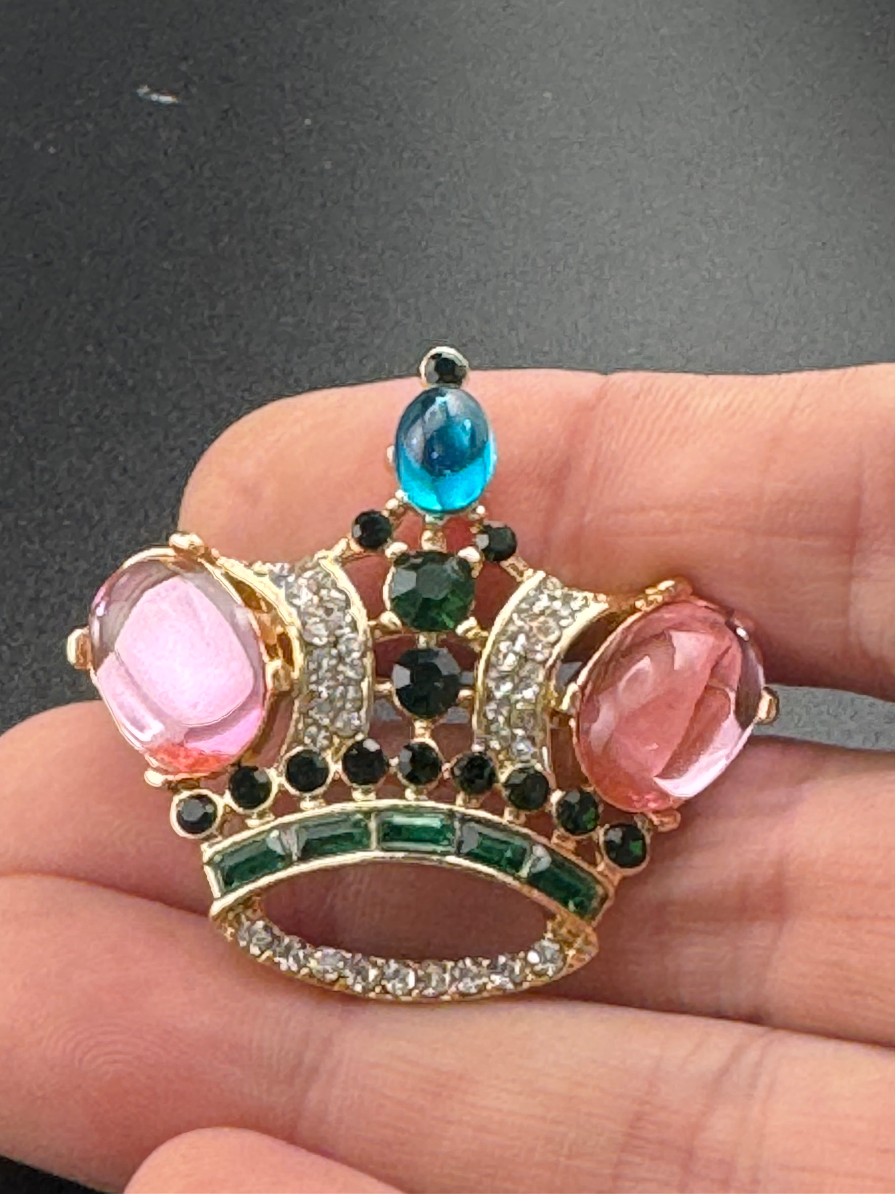 Royal crown brooch set with pink cabochons and coloured rhinestones