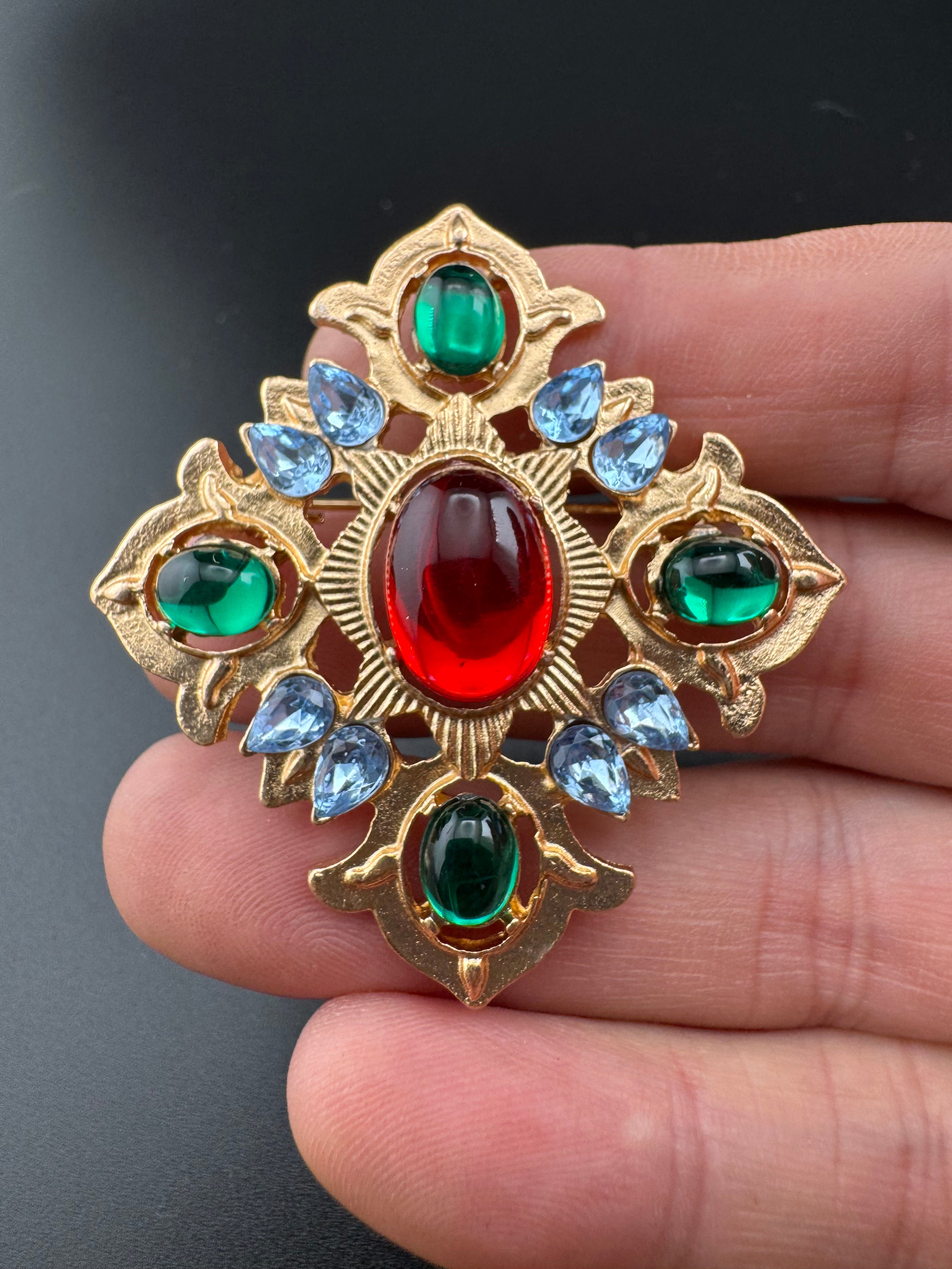 Statement Medieval style gold ruby rhinestone cross brooch