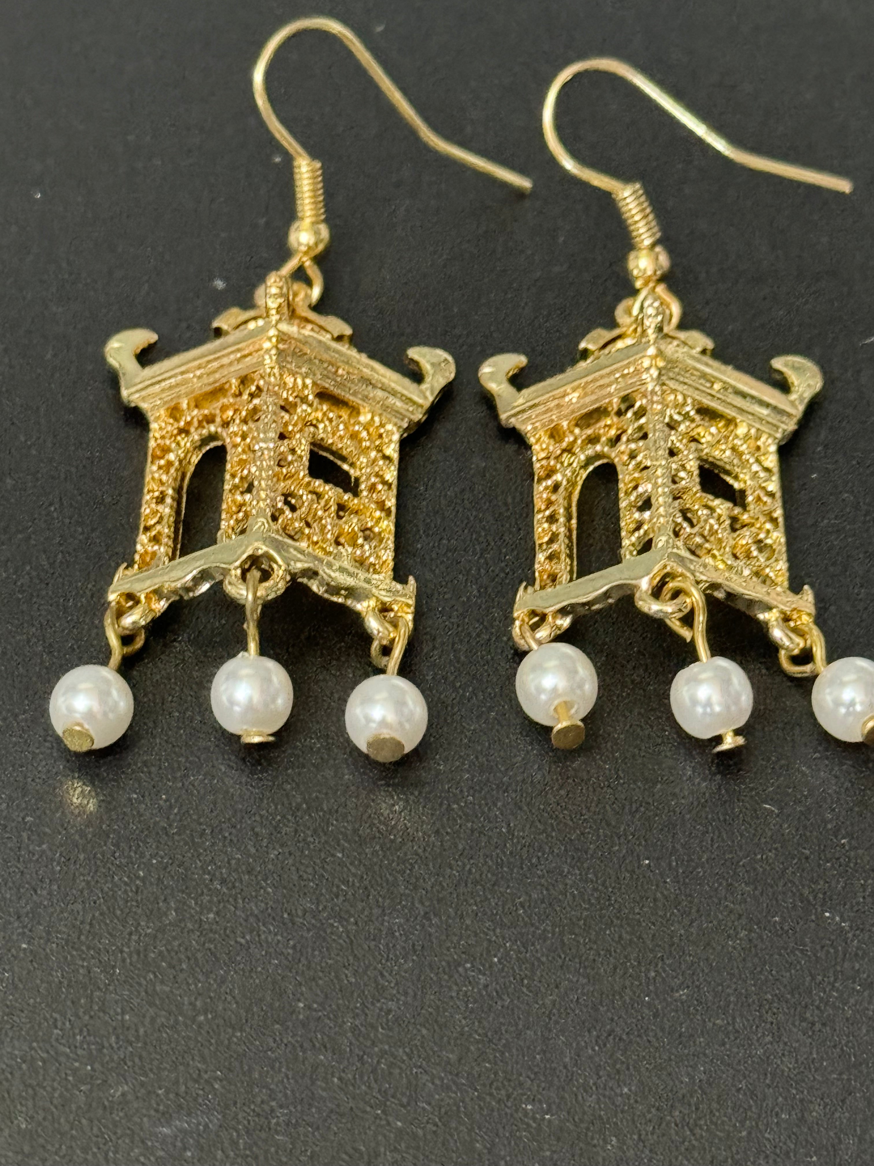 Far Eastern Chinese pagoda gold tone faux pearl drop earrings