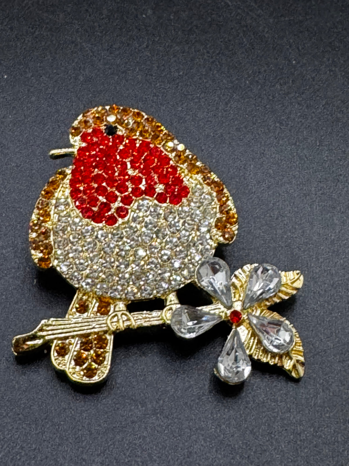 Rhinestone Christmas Robin brooch, brown clear and red crystal, festive jewellery