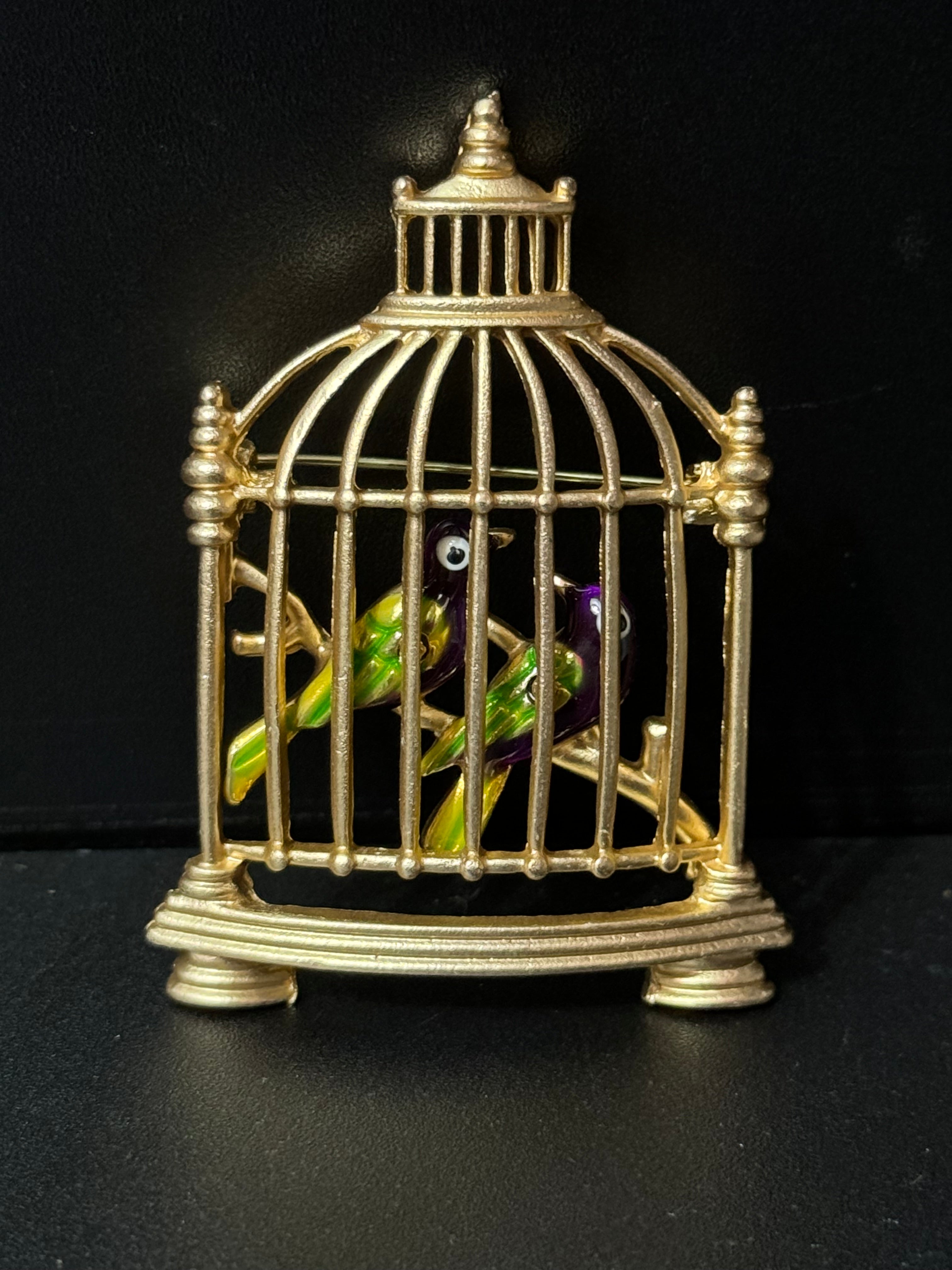 Novelty Green enamel birds in a cage gold tone large brooch