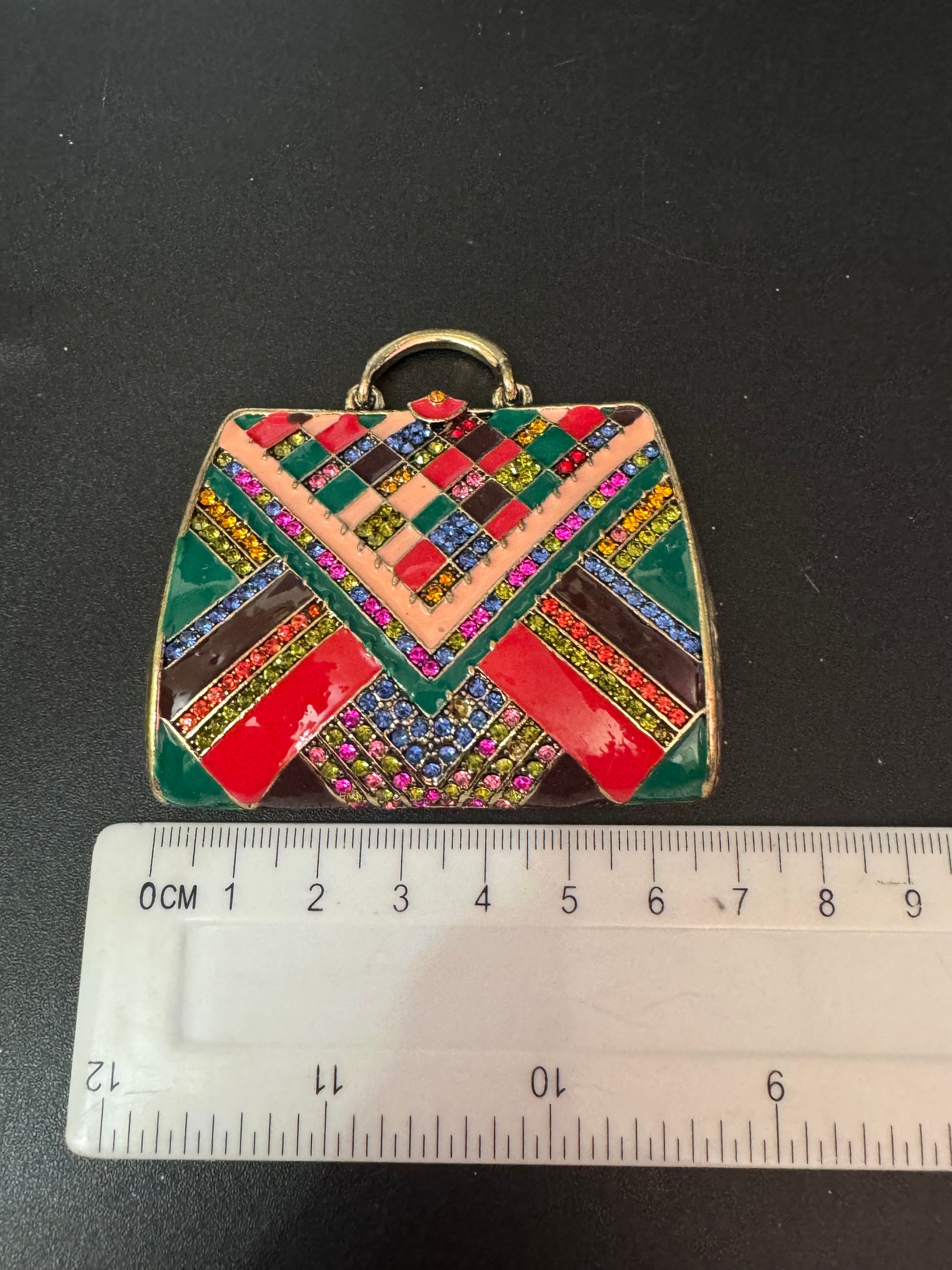 Oversized Novelty Crystal diamanté large handbag brooch gold tone