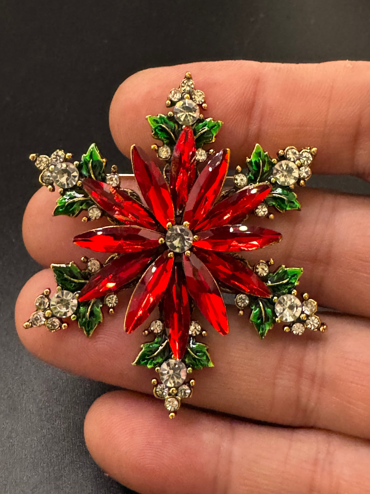Christmas poinsettia rhinestone flower brooch, red ,green and gold tone festive jewellery