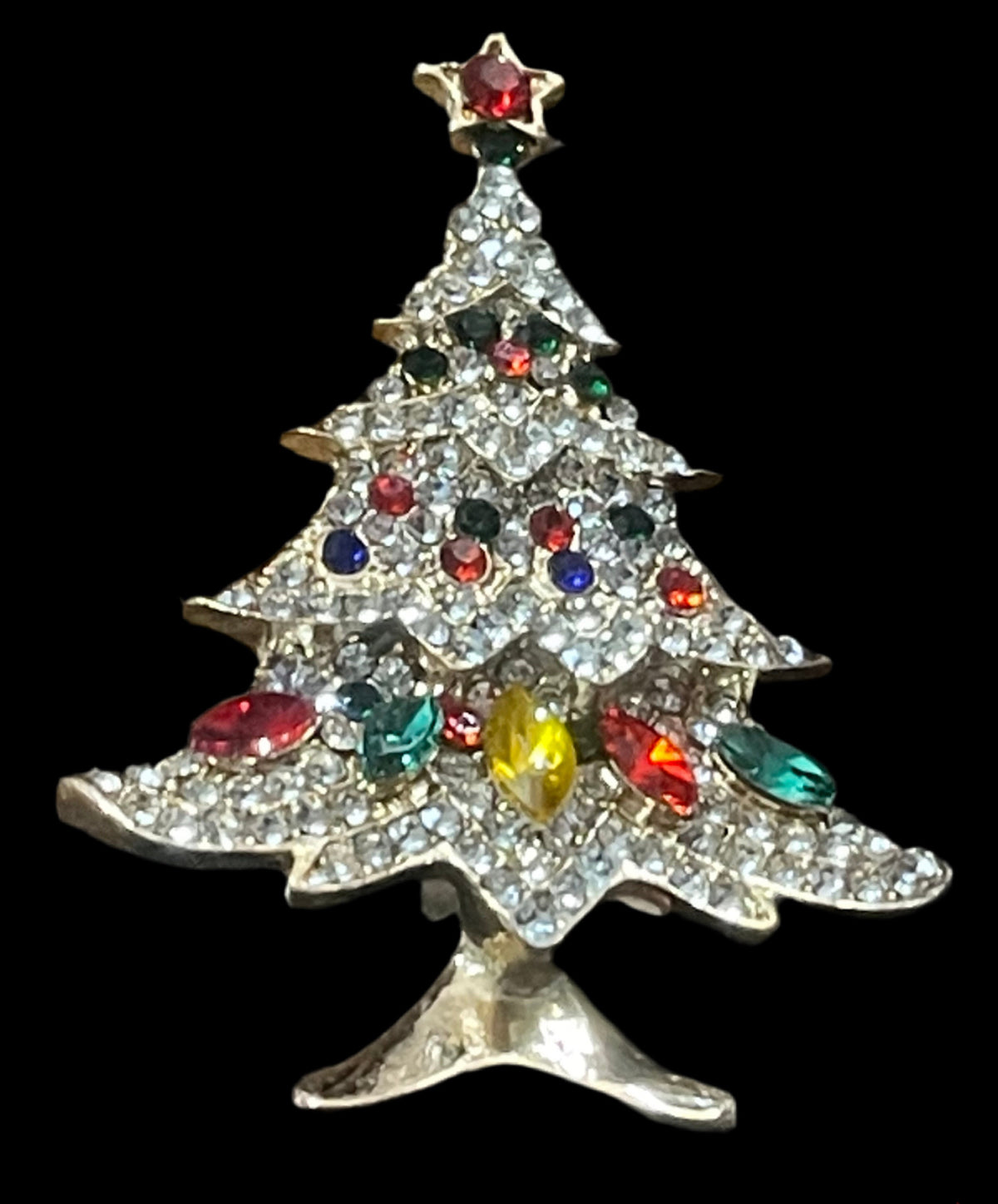 Coloured Rhinestone Christmas tree brooch, gold tone , festive jewellery