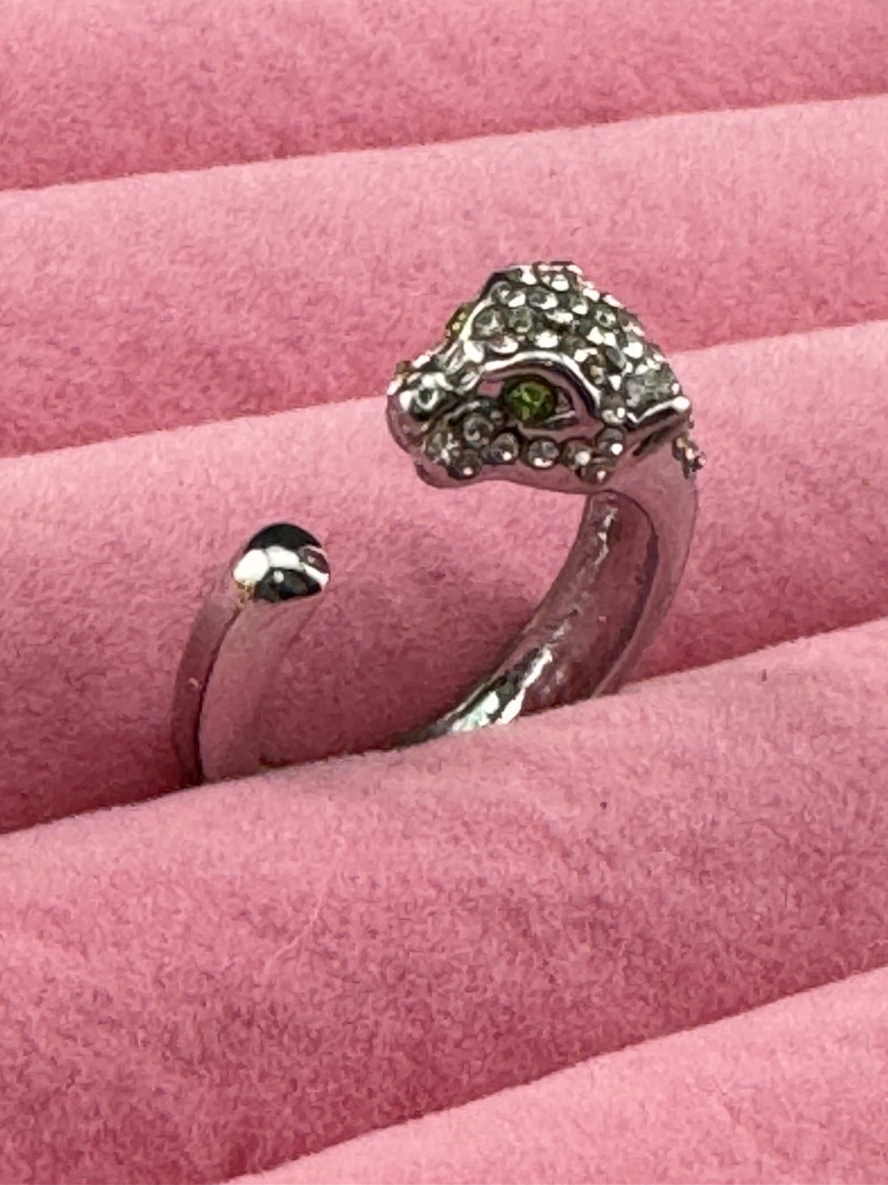 Crystal Silver plated big cat leopard adjustable ring