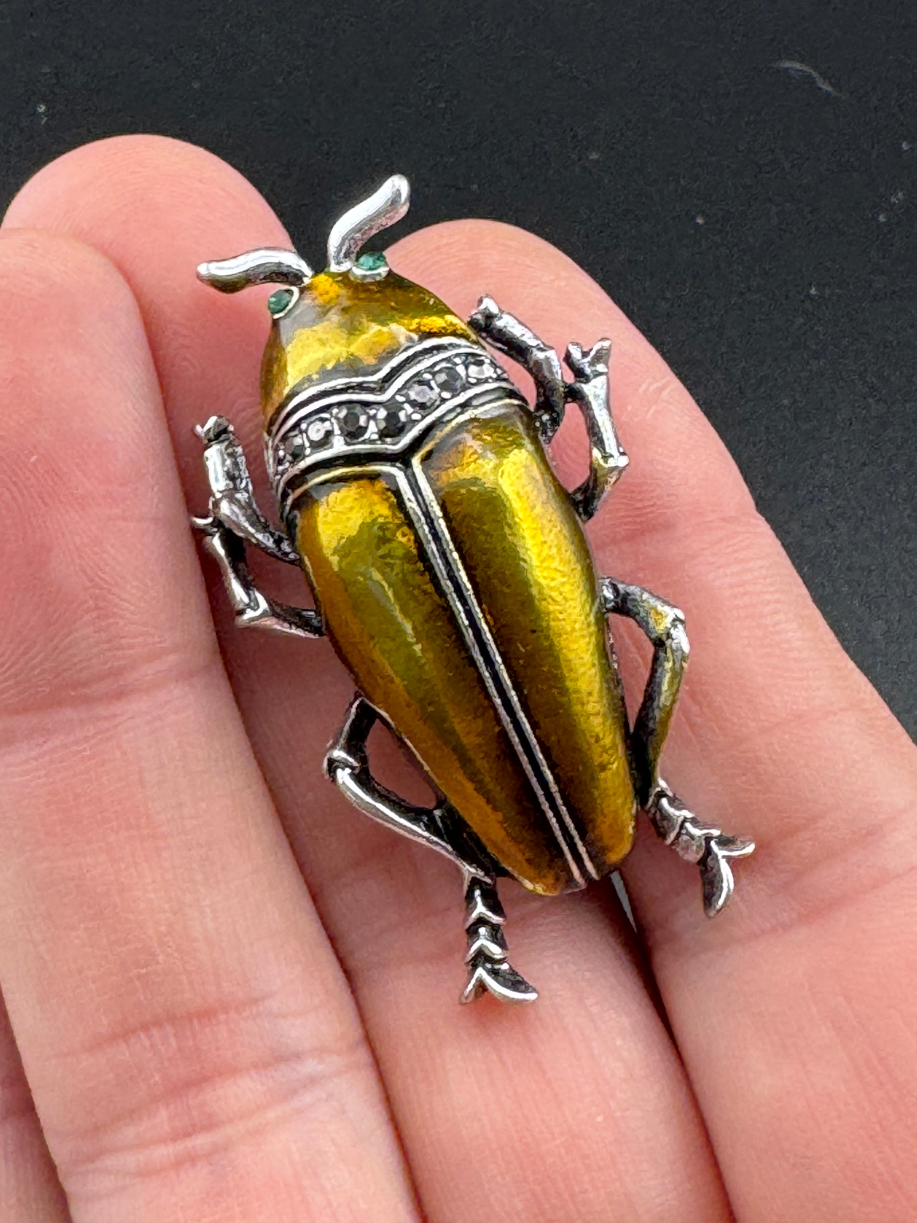 Marcasite beetle brooch, Bronze gold metallic enamel , new bug brooch