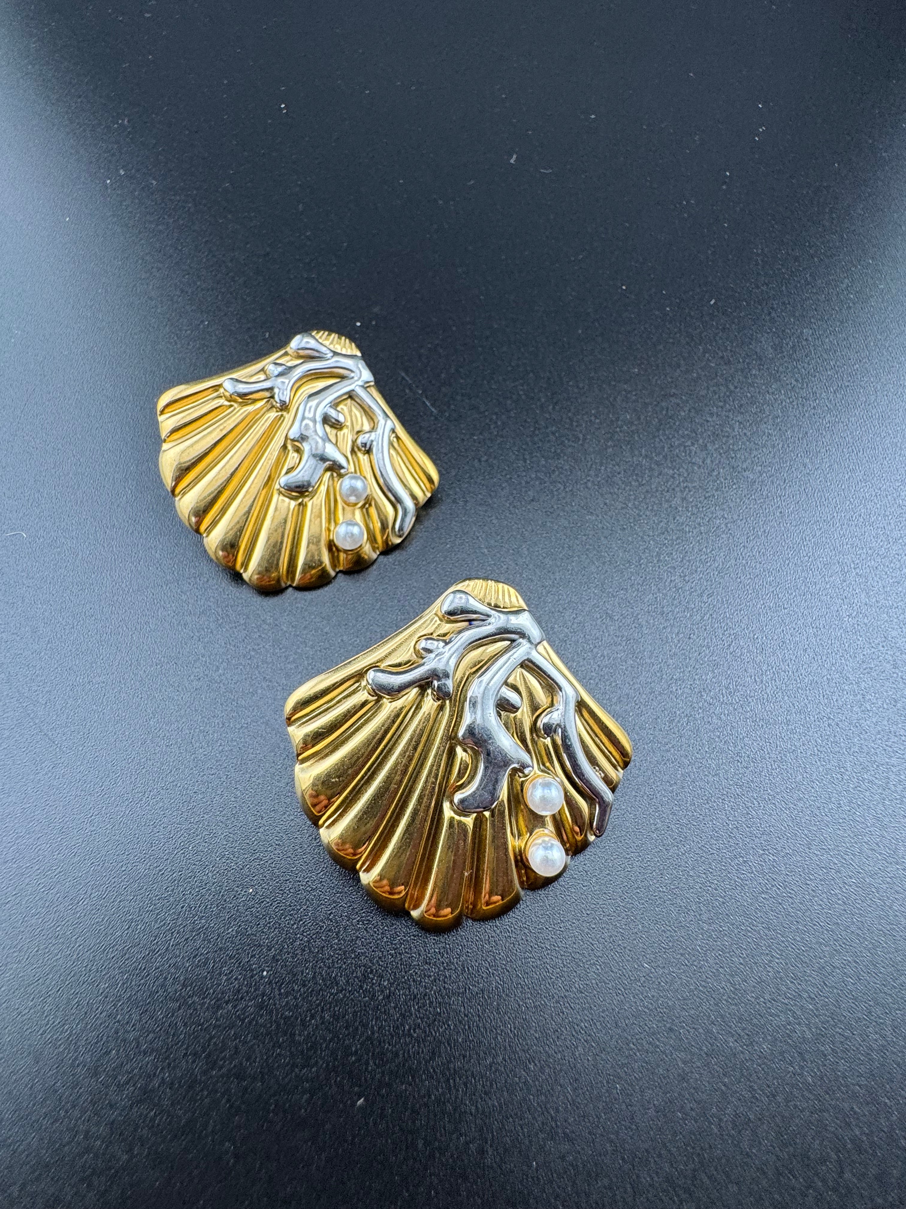 Nautical gold and silver-toned pearl seashell earrings,  pierced.