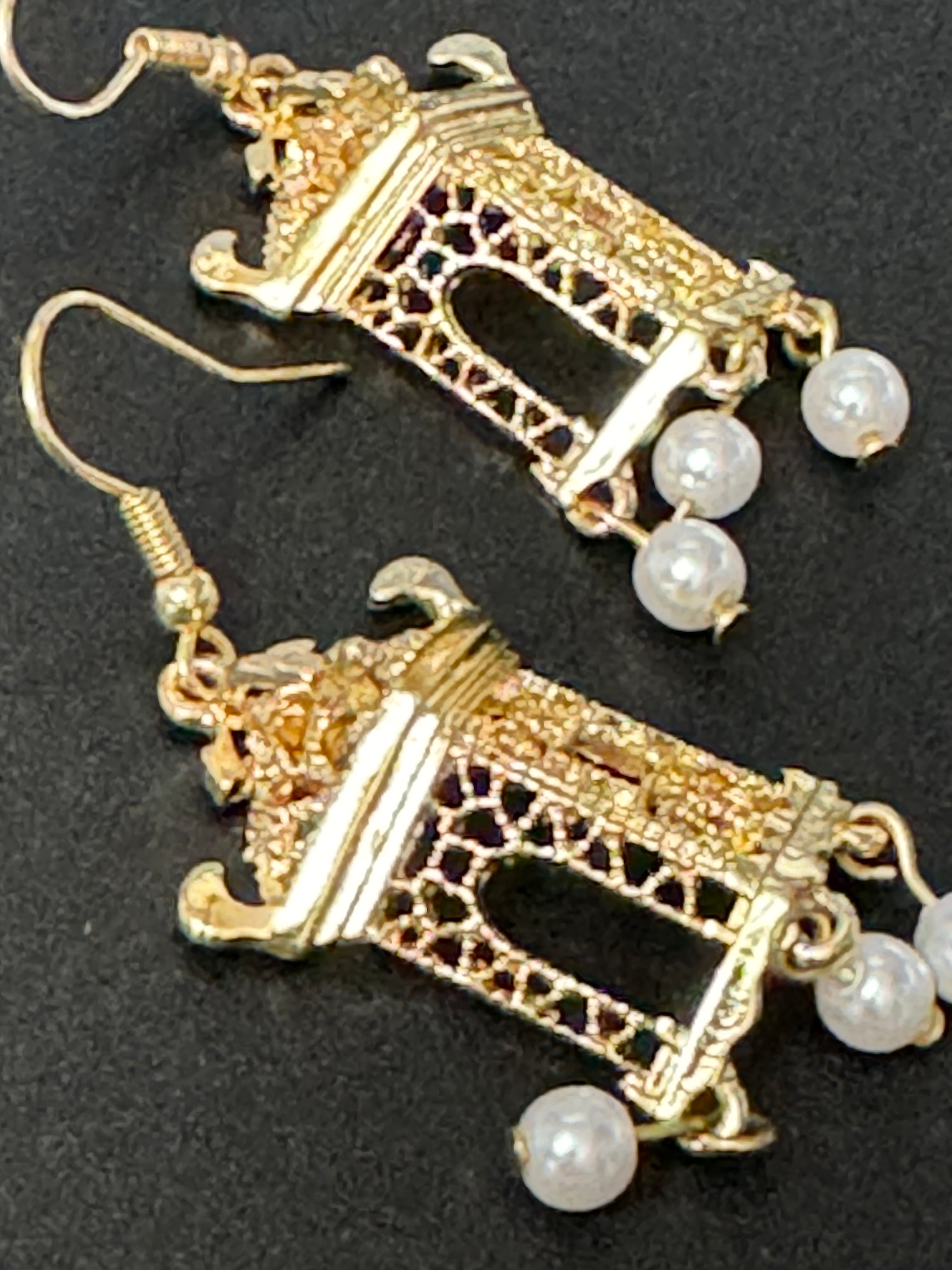 Far Eastern Chinese pagoda gold tone faux pearl drop earrings