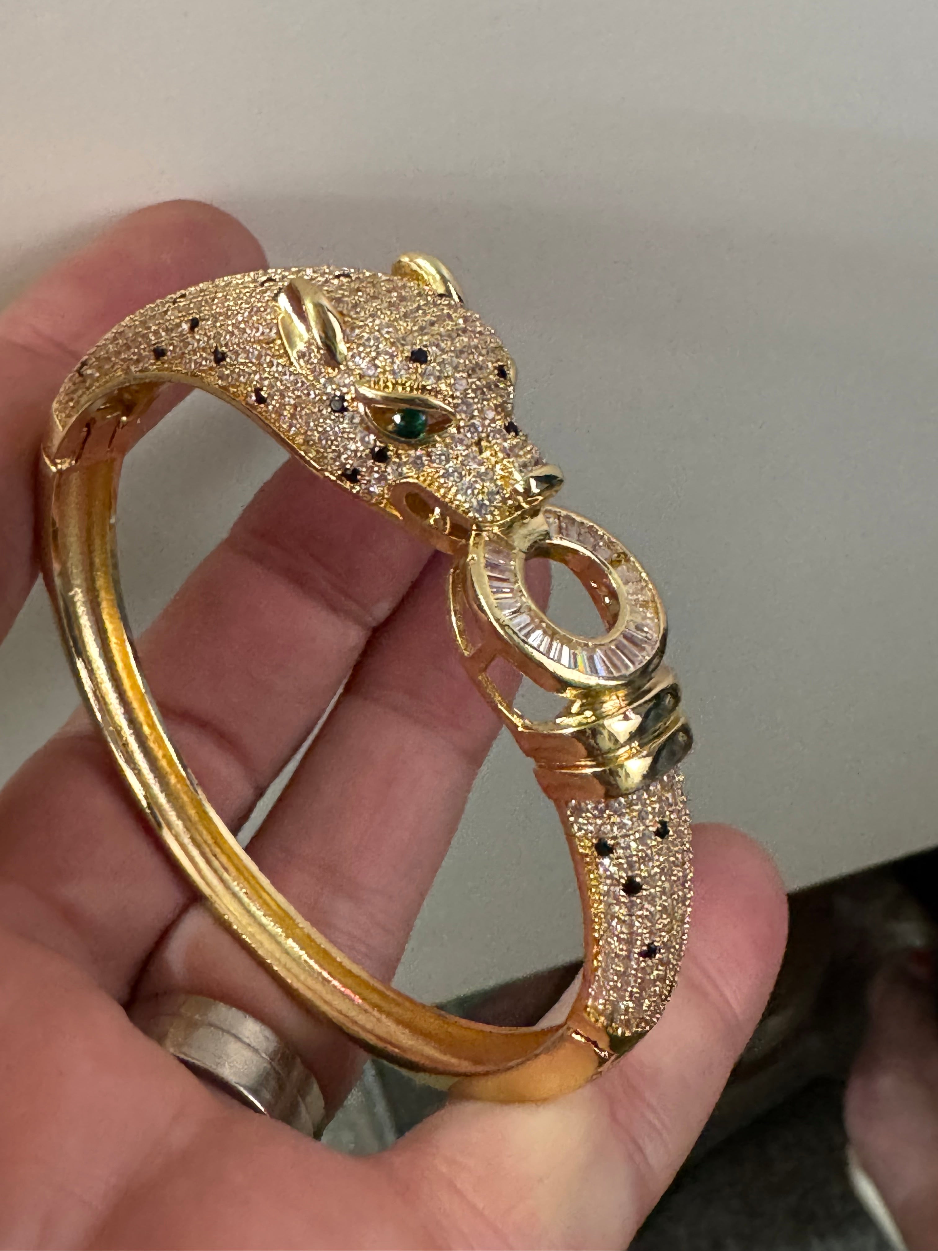 Classic big cat gold baguette rhinestone Crystal Leopard clamper Bangle Animal Bracelets