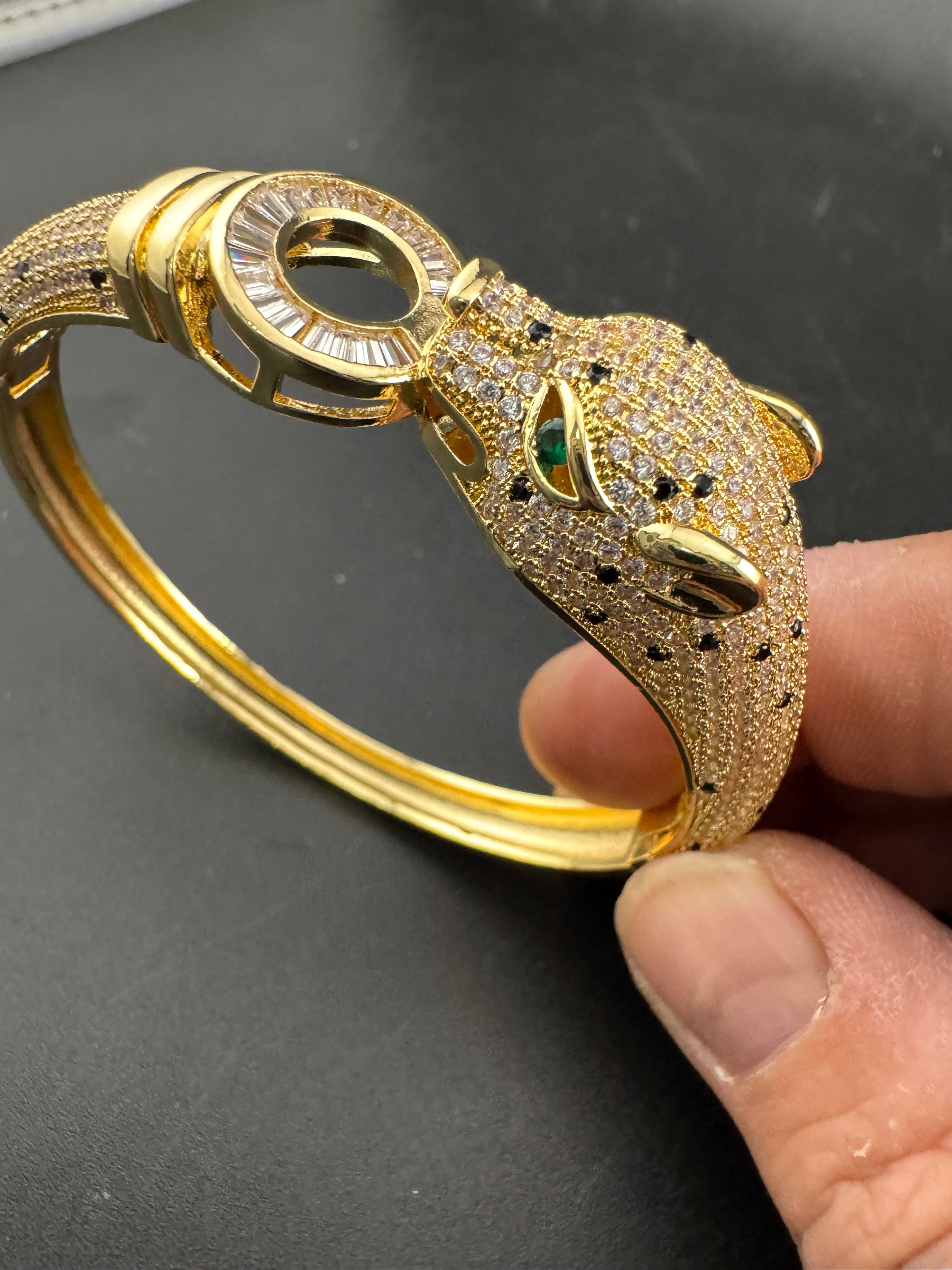 Classic big cat gold baguette rhinestone Crystal Leopard clamper Bangle Animal Bracelets