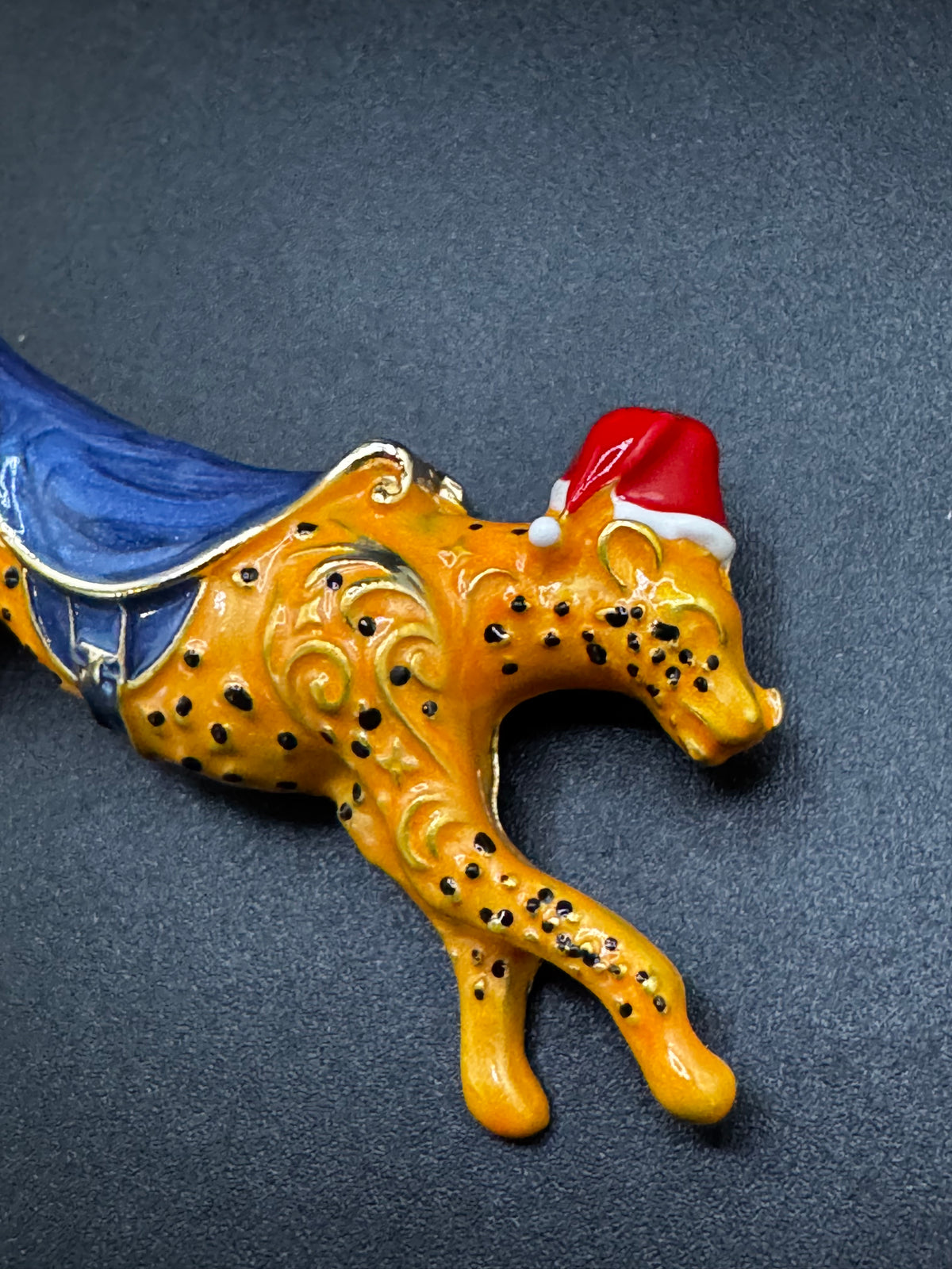 Novelty christmas enamel leopard brooch, big cat festive jewellery