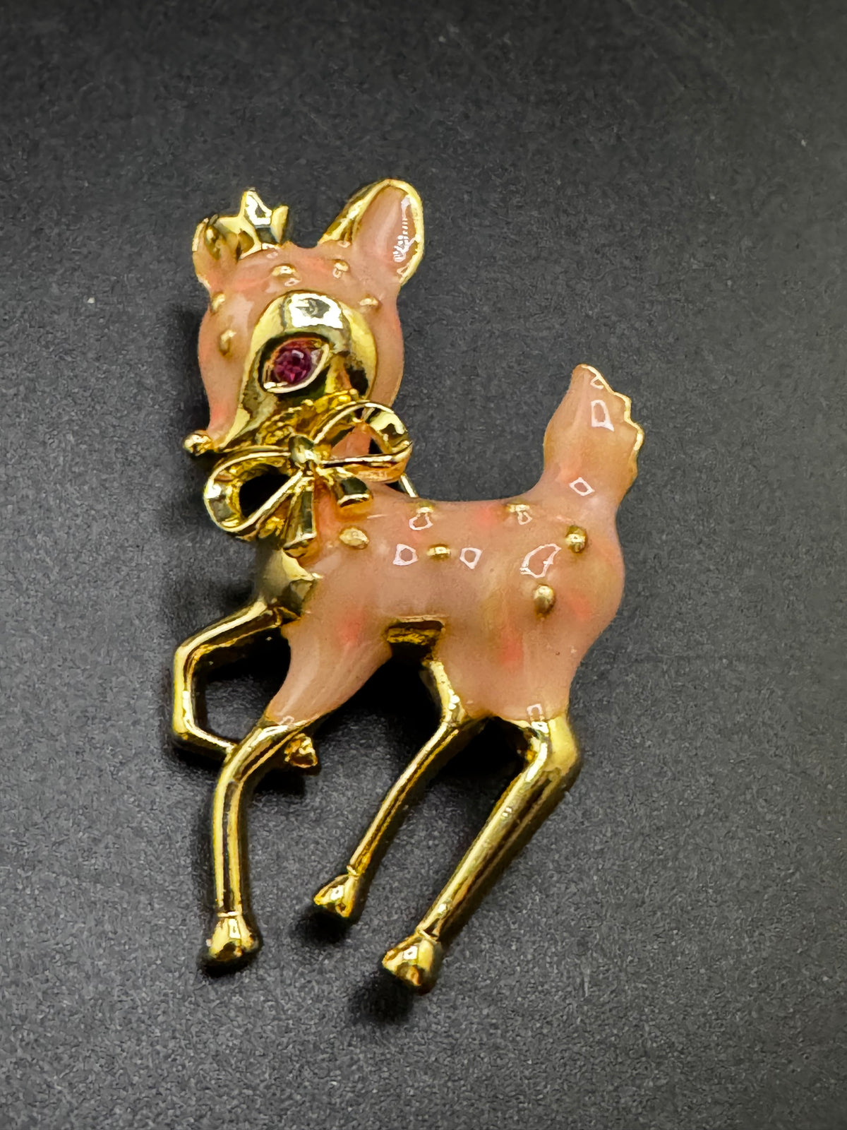Pink enamel christmas reindeer brooch, gold tone , festive jewellery