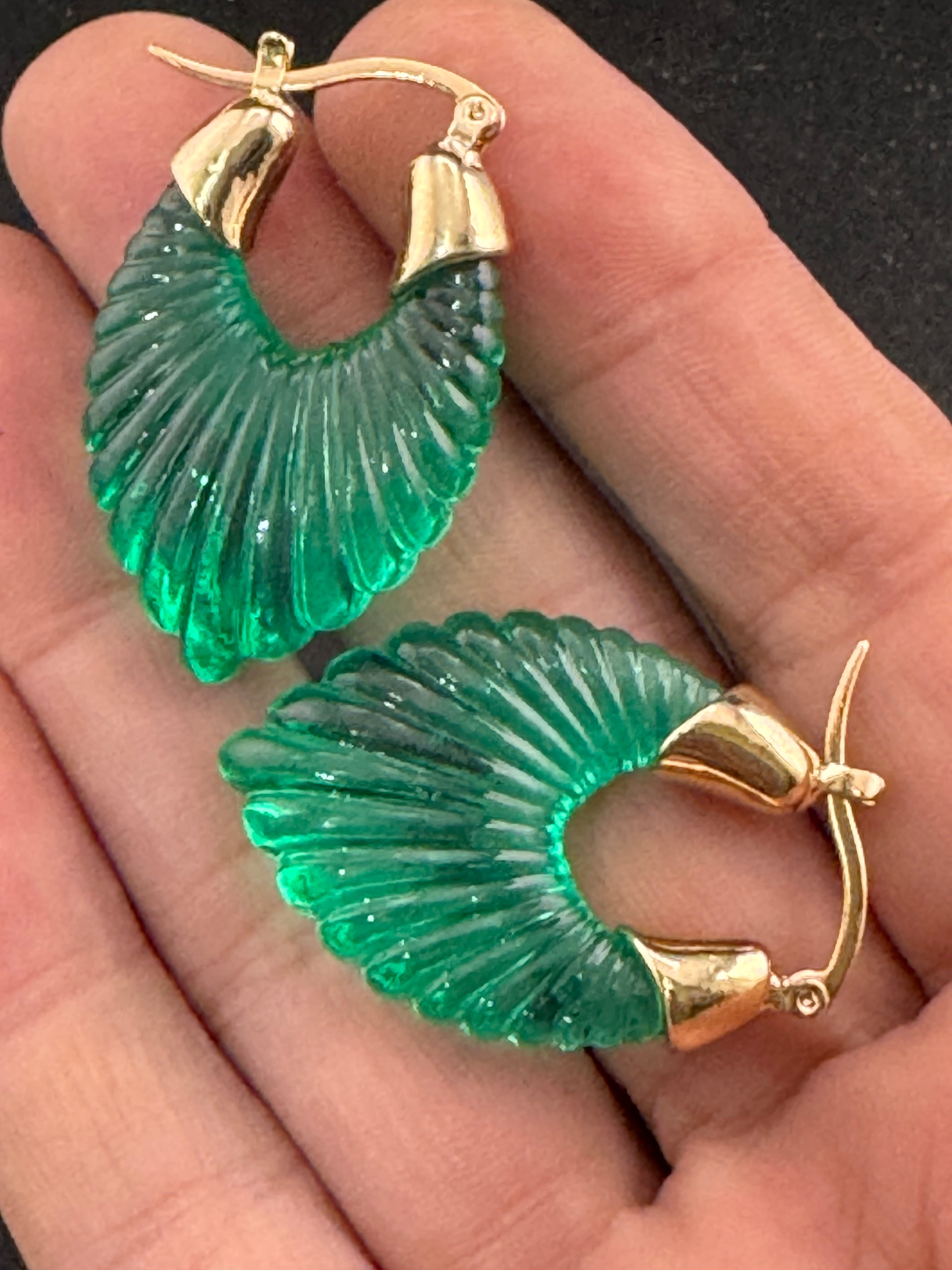 Emerald green clear acrylic gold tone pierced drop earrings