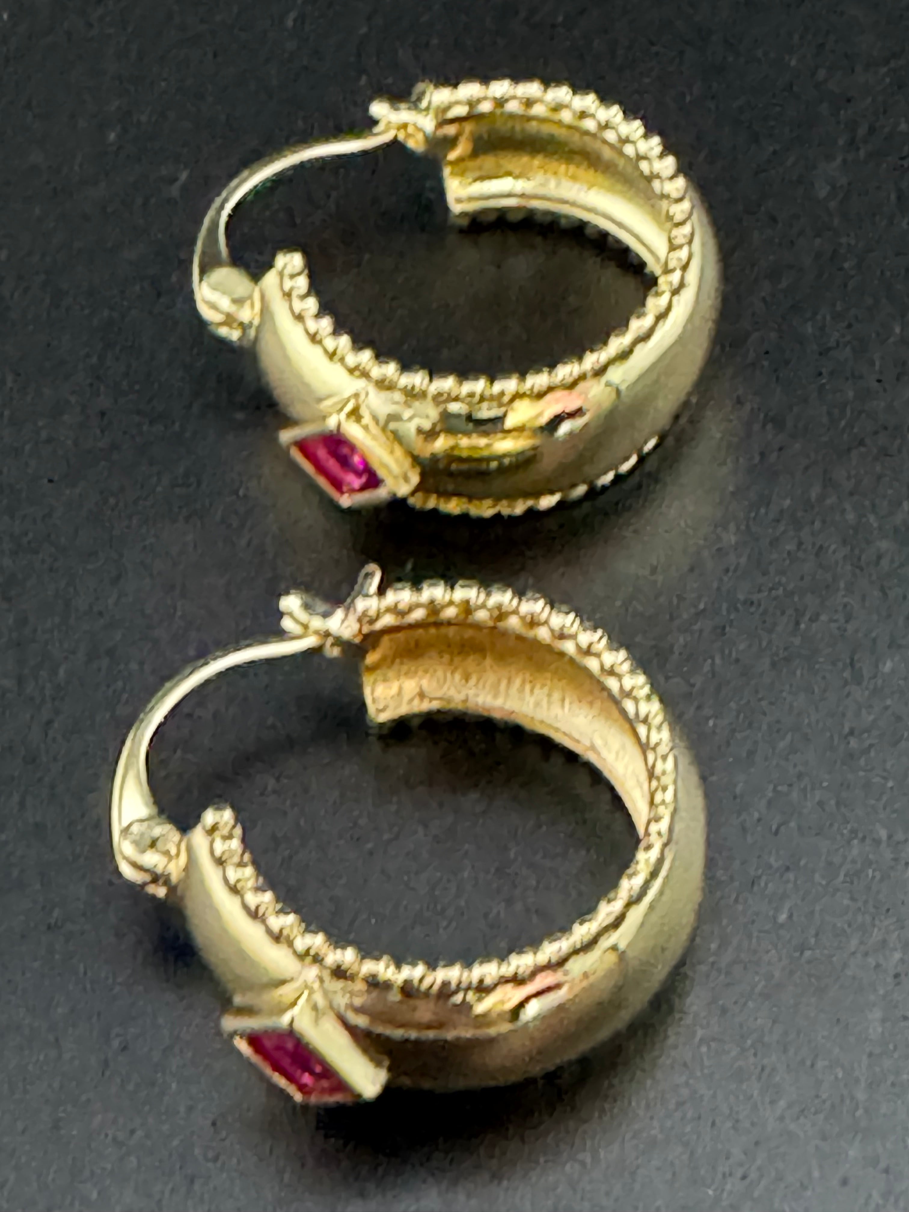 Wide crystal gold hoop earrings with pink emerald and tourmaline crystals