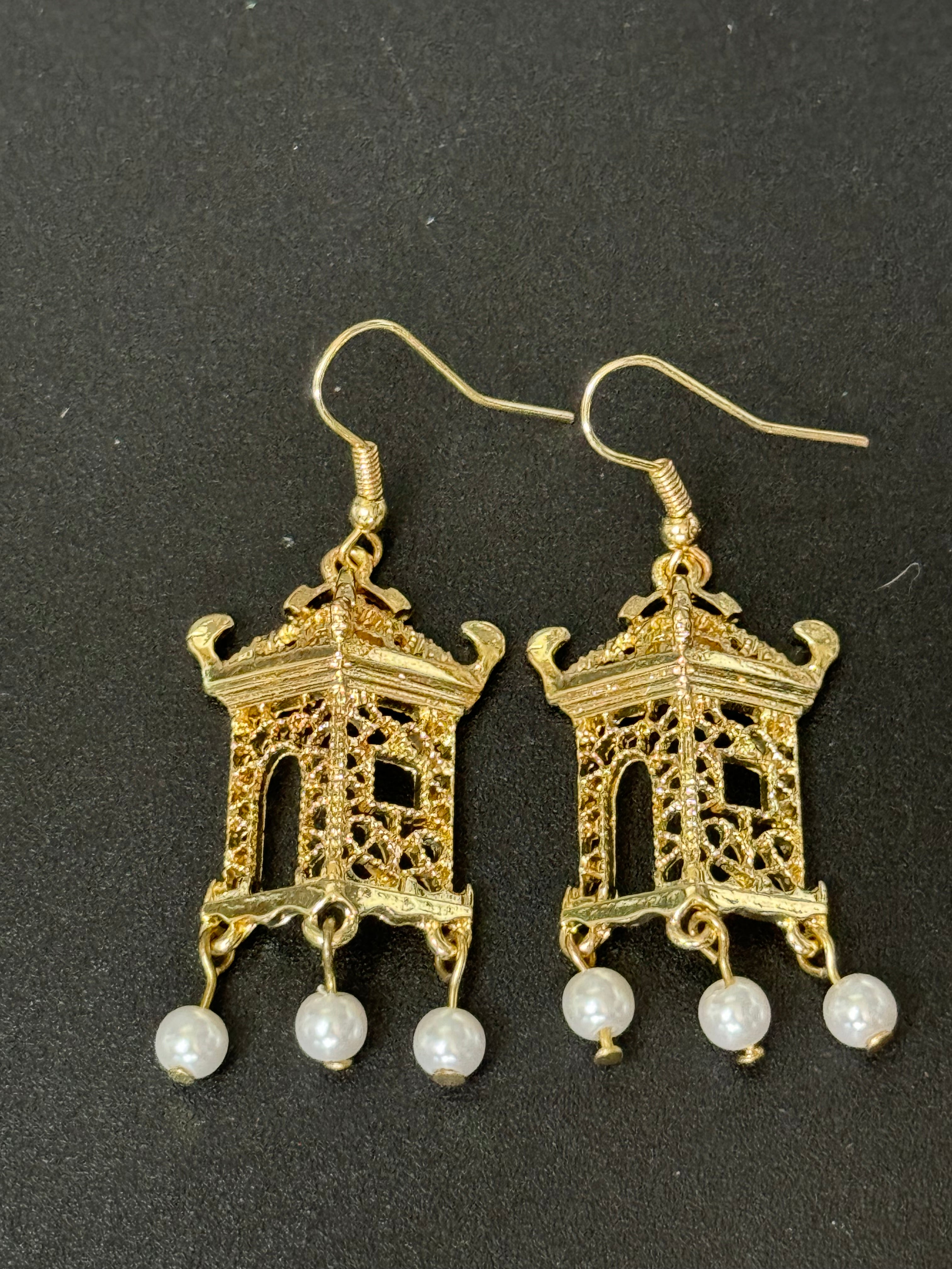 Far Eastern Chinese pagoda gold tone faux pearl drop earrings