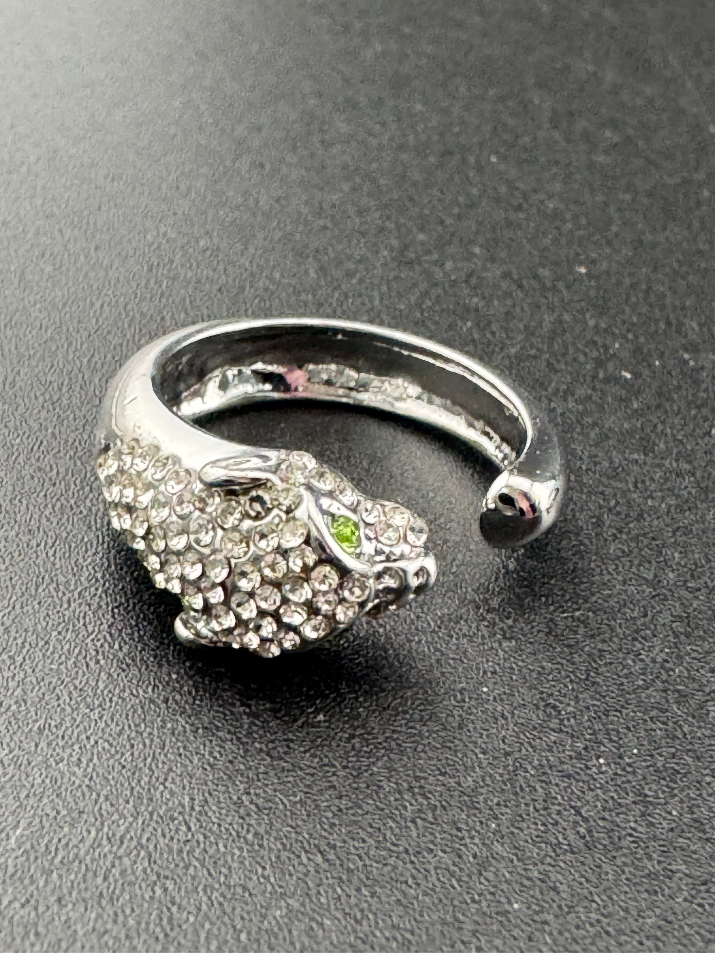 Crystal Silver plated big cat leopard adjustable ring
