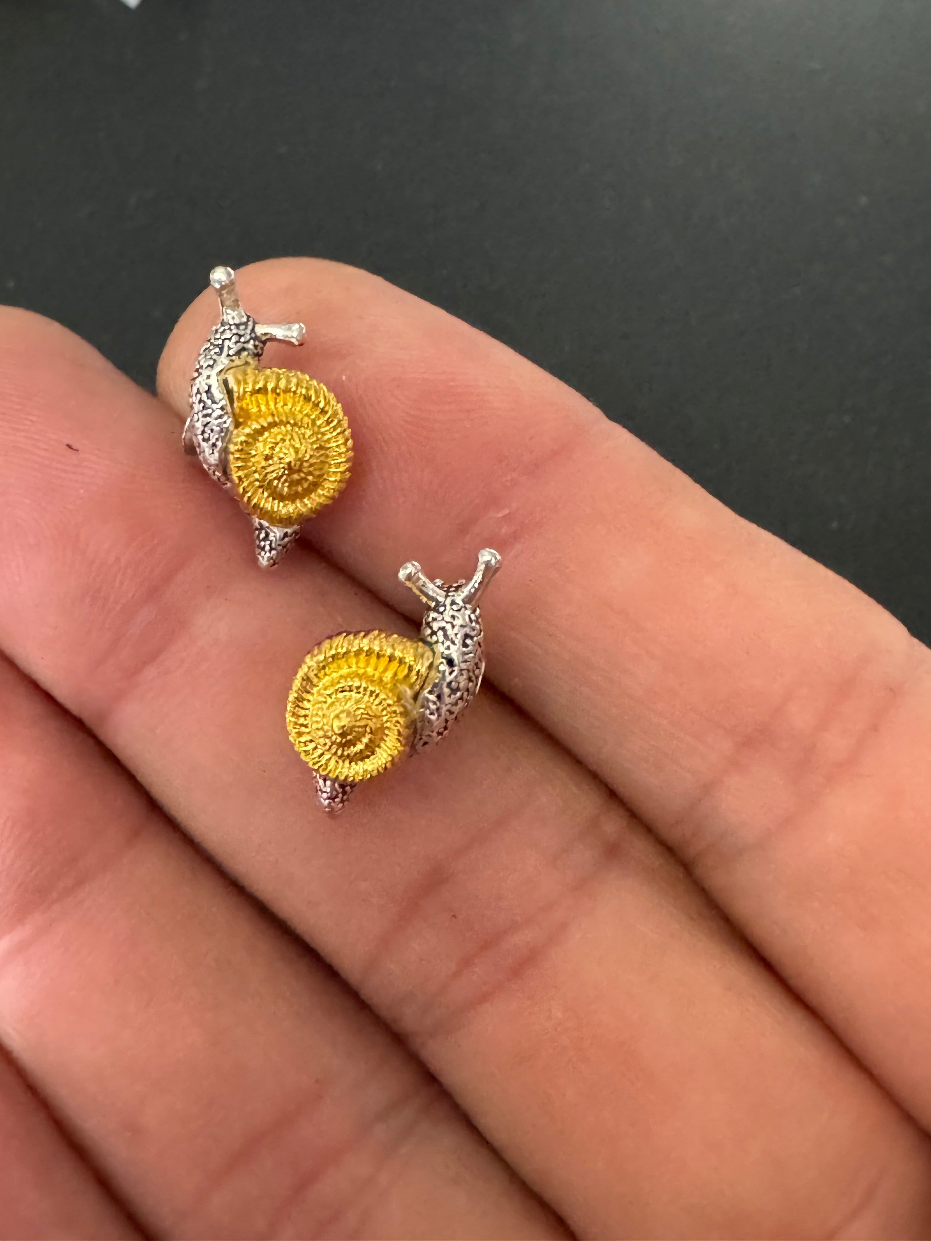 Small cute snail stud earrings for pierced ears gold and silver tone