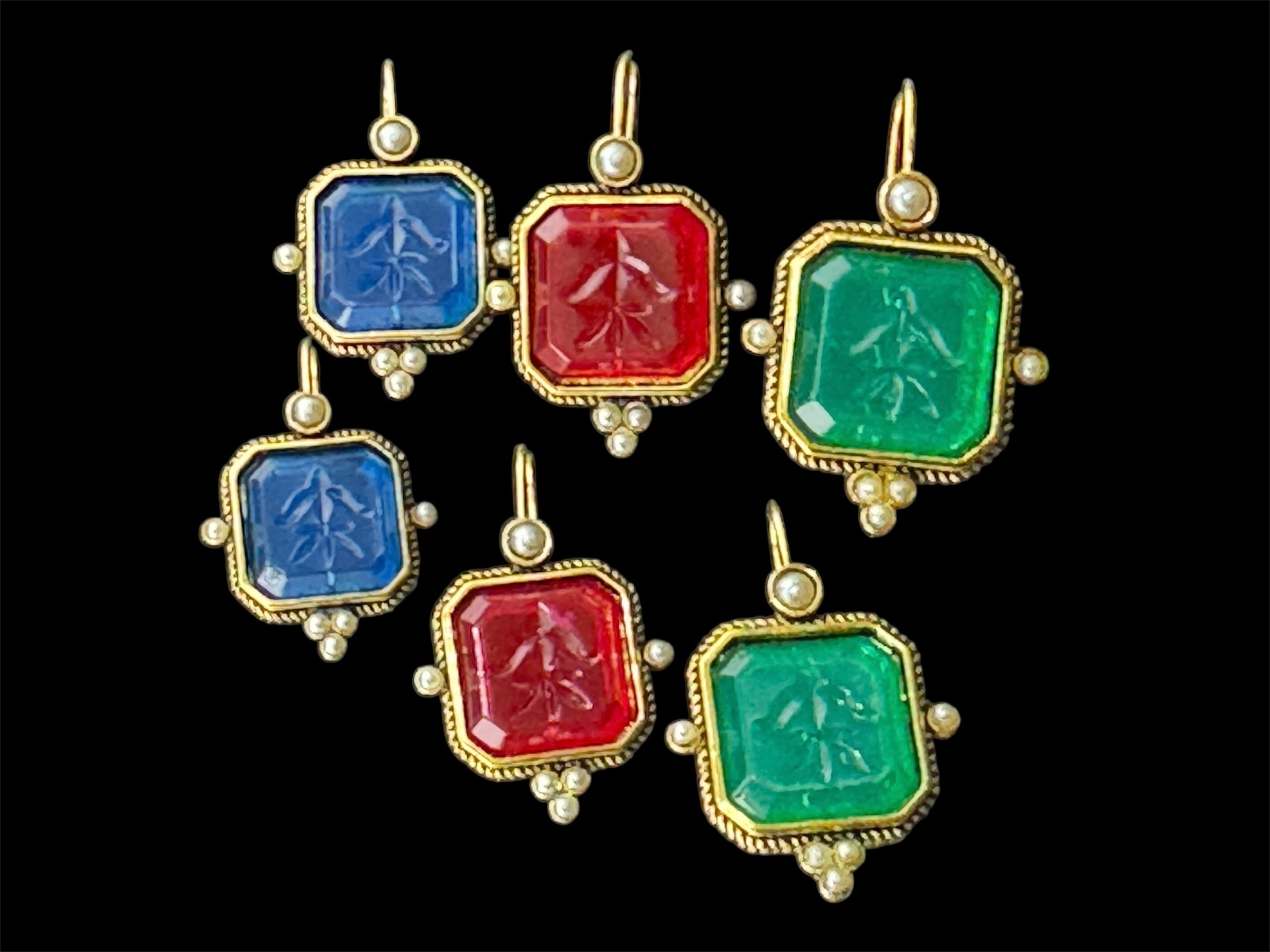 Victorian style emerald ruby and sapphire seed pearl drop earrings