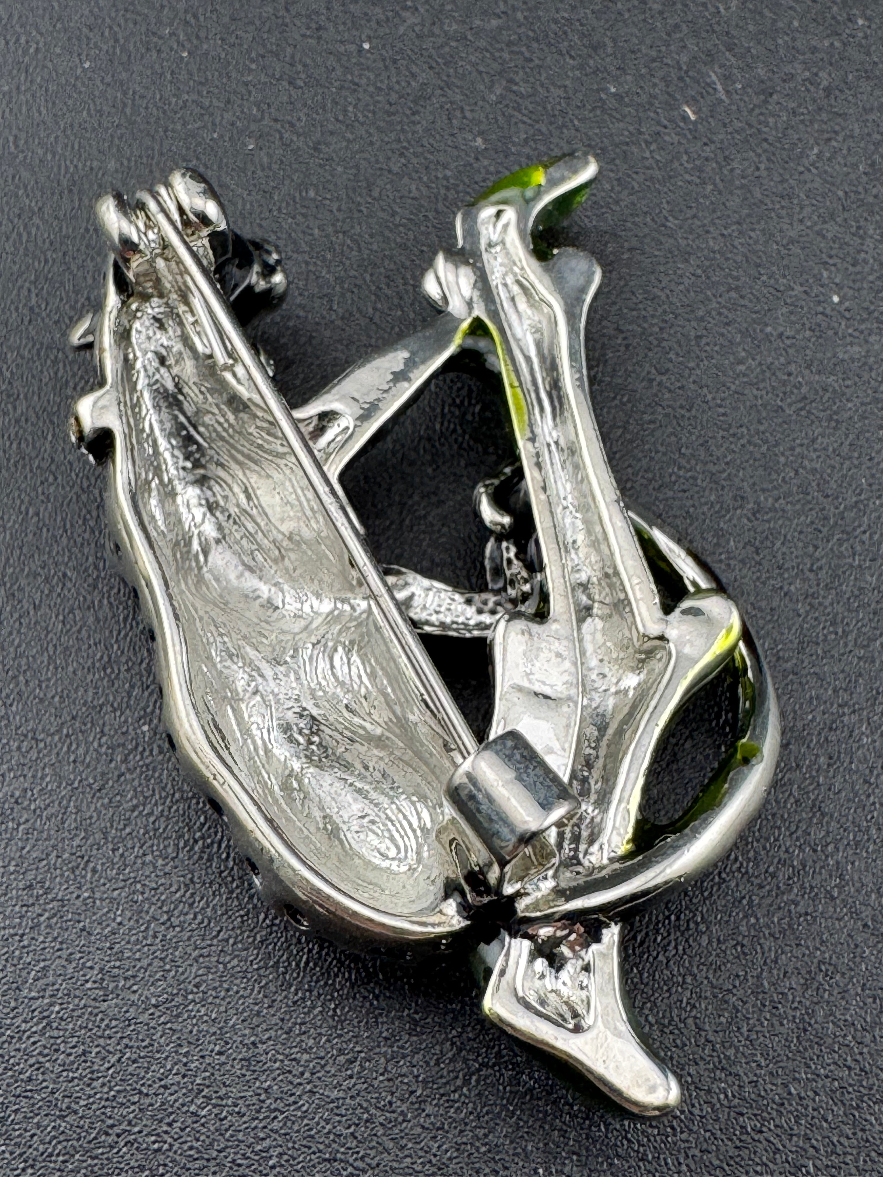 green enamel rhinestone silver tone Big Cat leopard brooch for coat