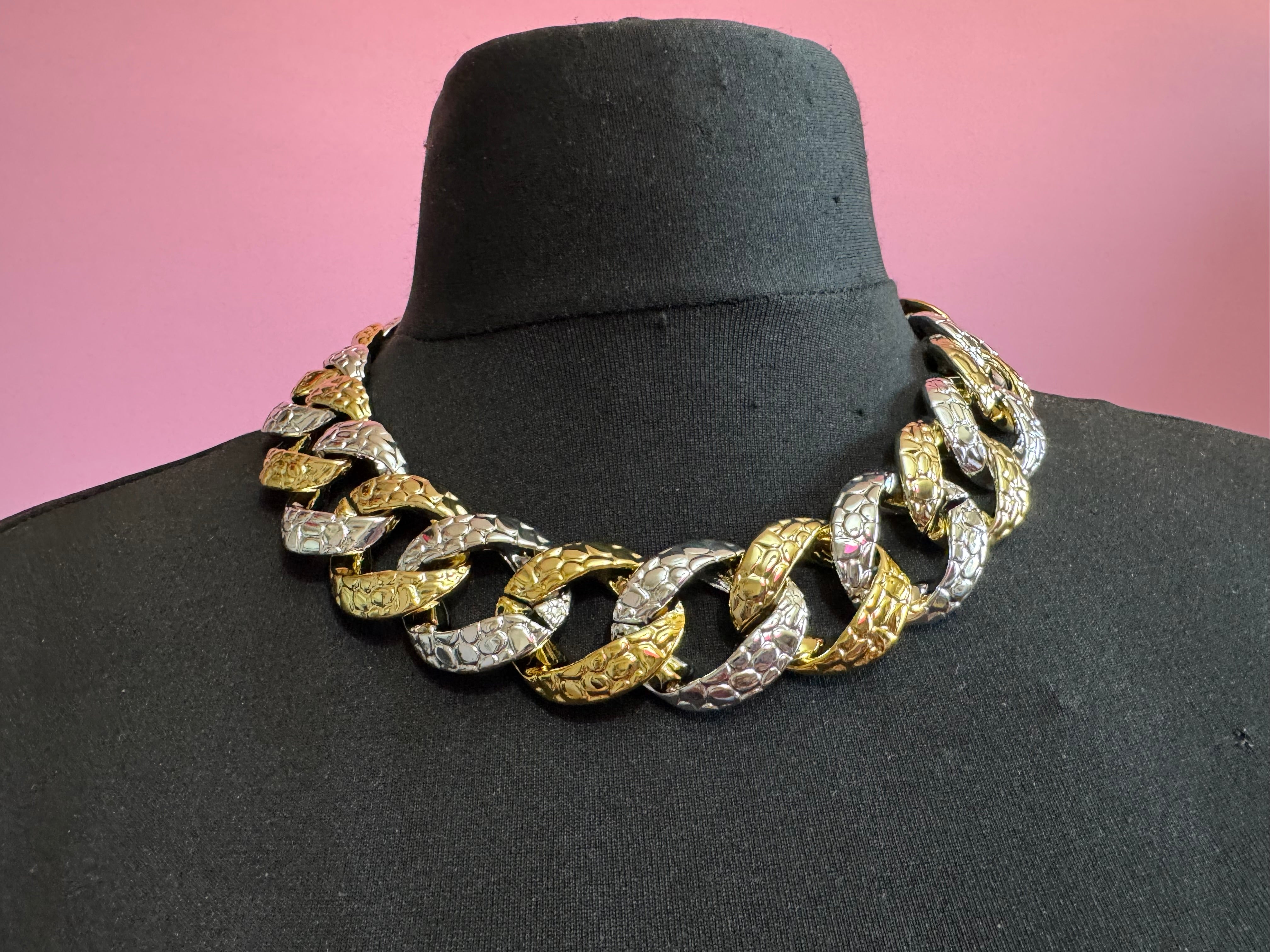 Chunky acrylic gold and silver curb link choker necklace, oversized jewellery