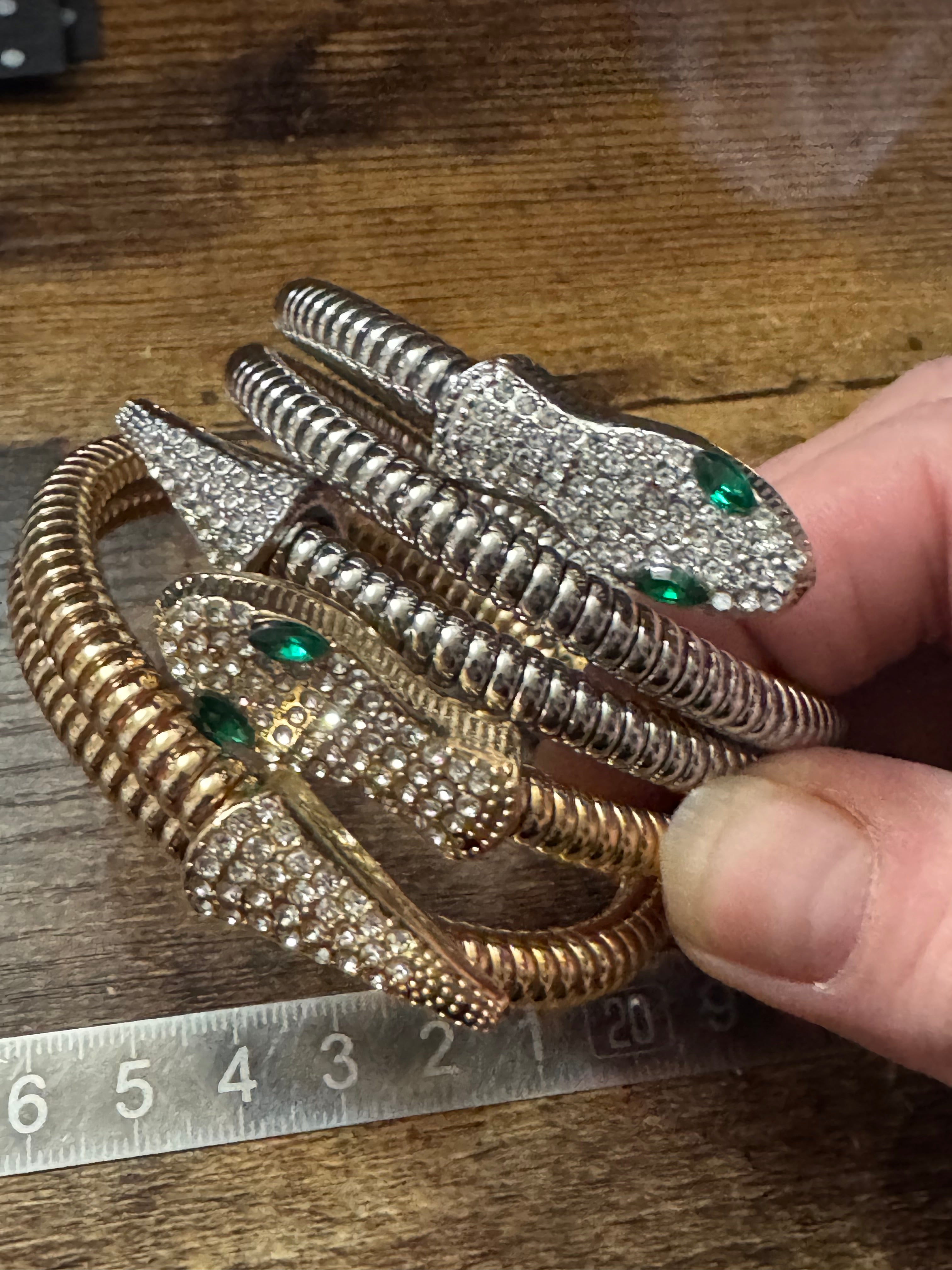 Silver crystal bendy wrap around snake bracelet with emerald eyes