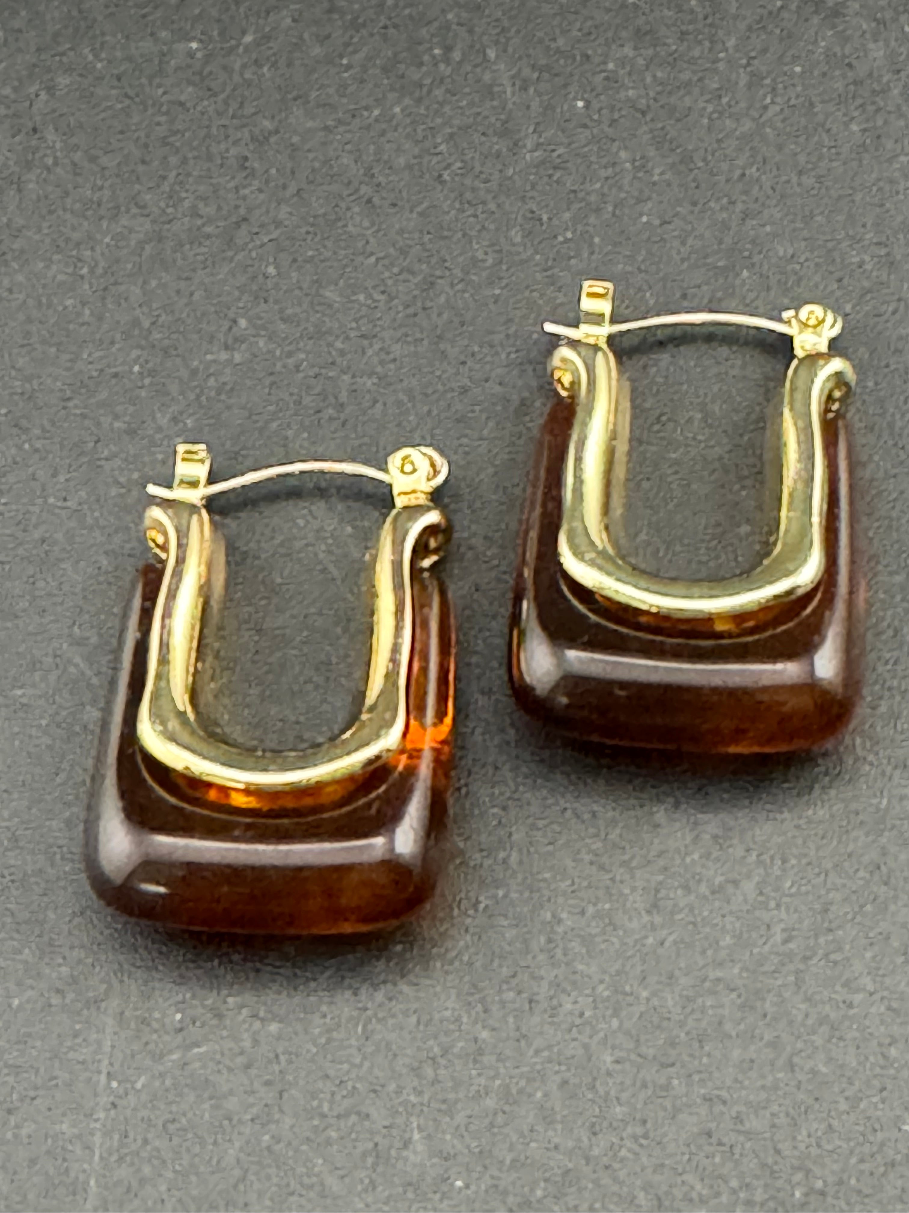 Brown acrylic gold tone pierced rectangular drop hoop earrings