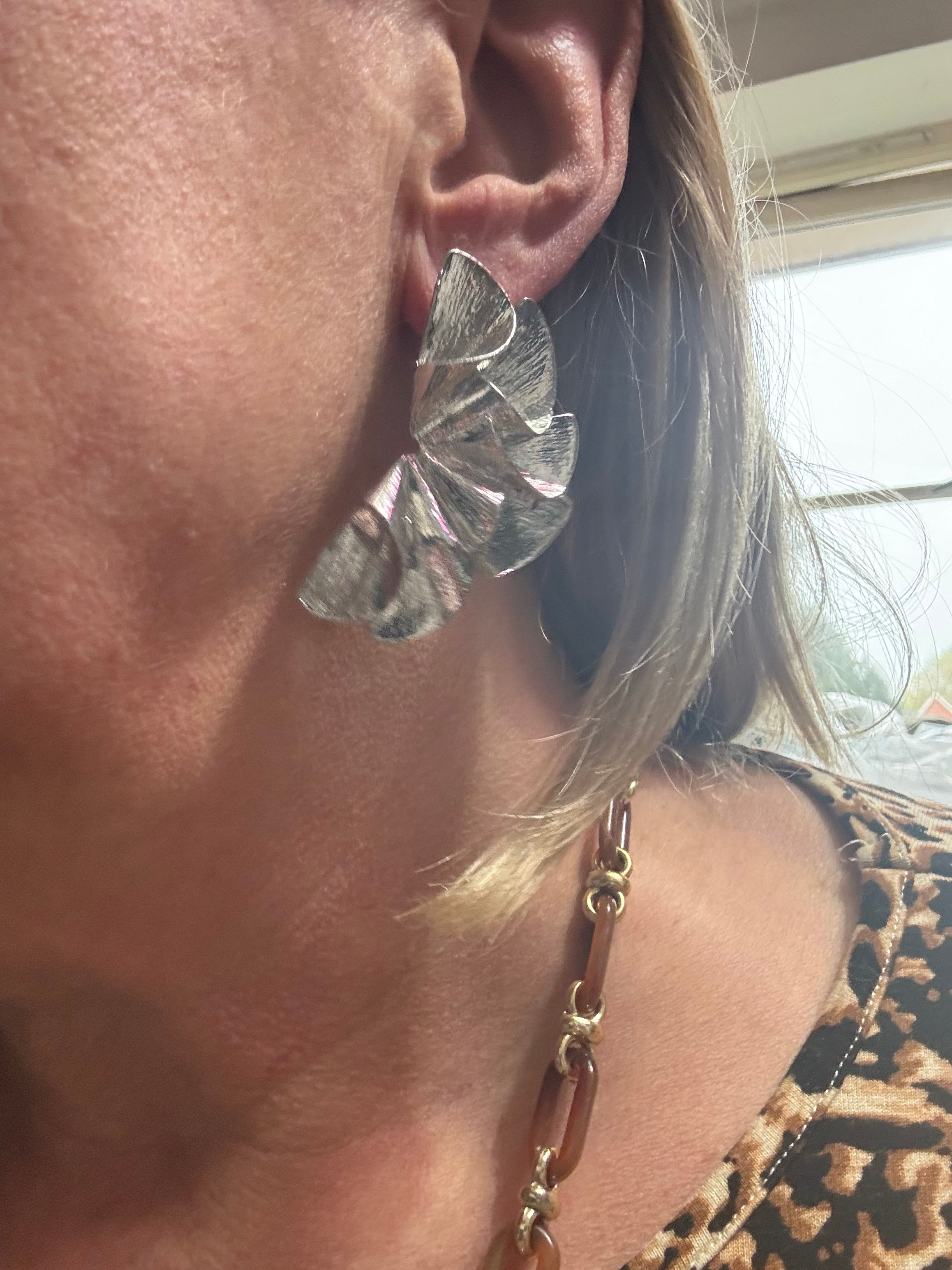 Oversized silver tone statement Textured fan pierced stud earrings