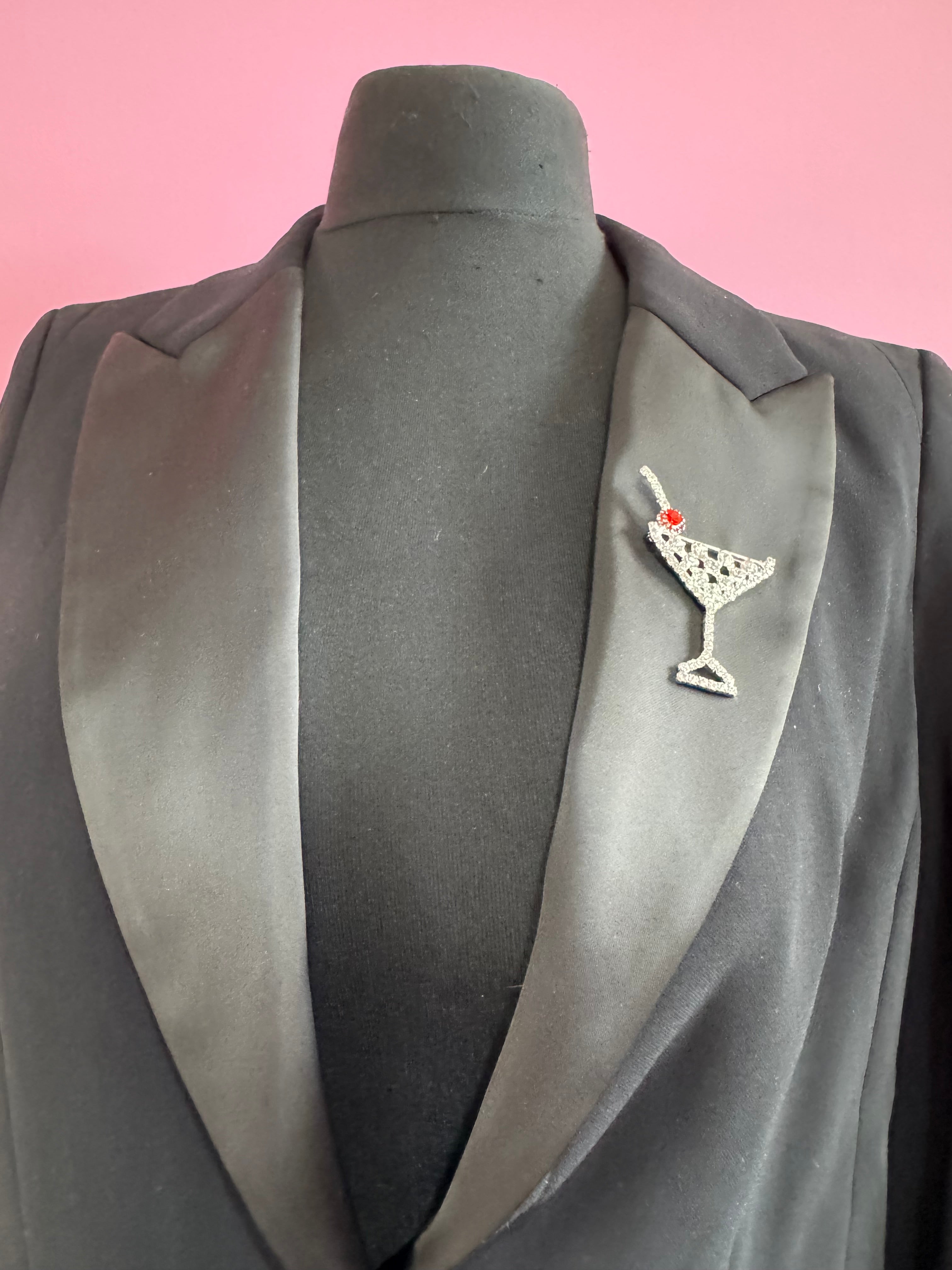 Champagne cocktail glass with red cherry diamanté Crystal brooch silver tone