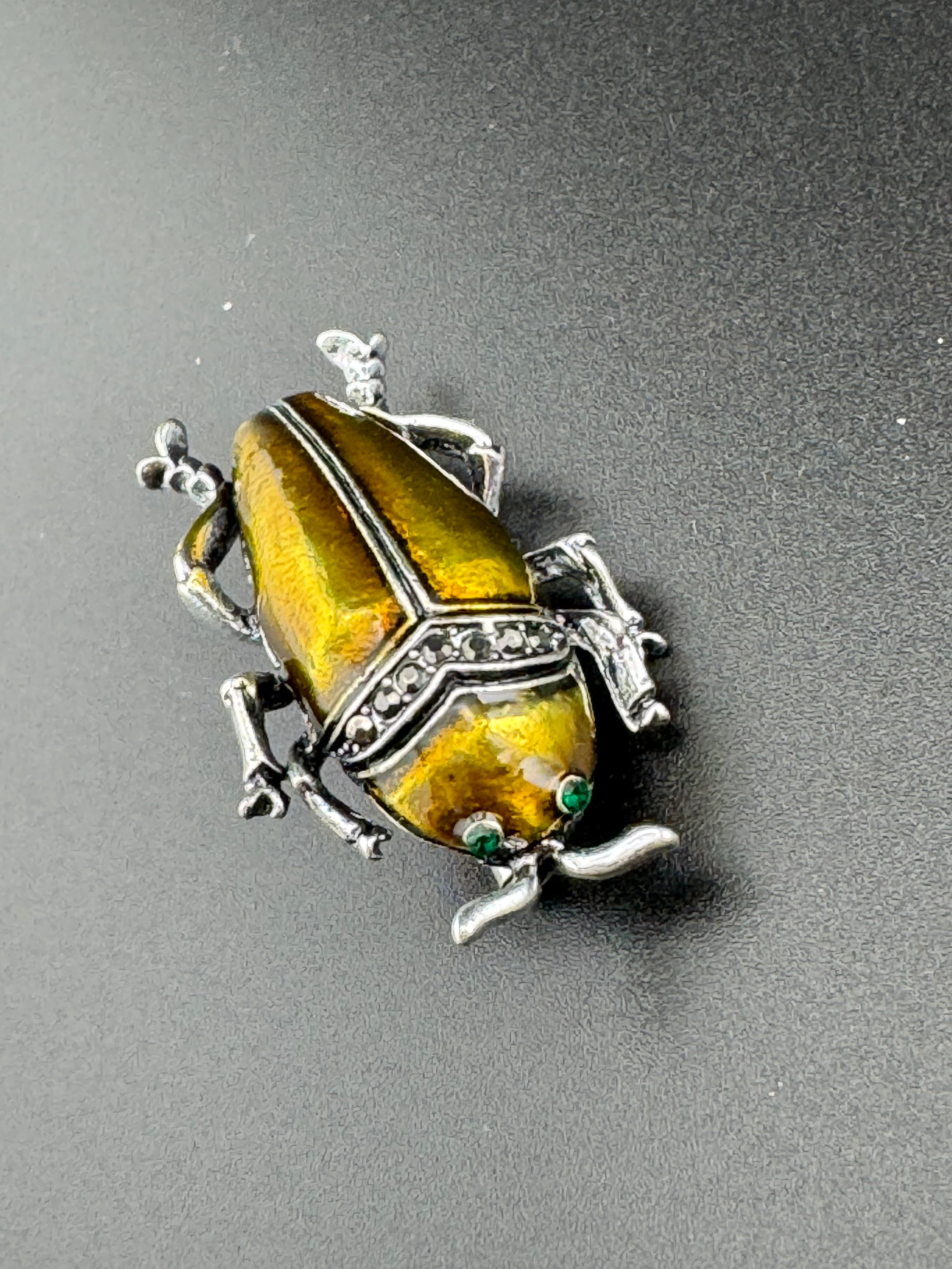 Marcasite beetle brooch, Bronze gold metallic enamel , new bug brooch