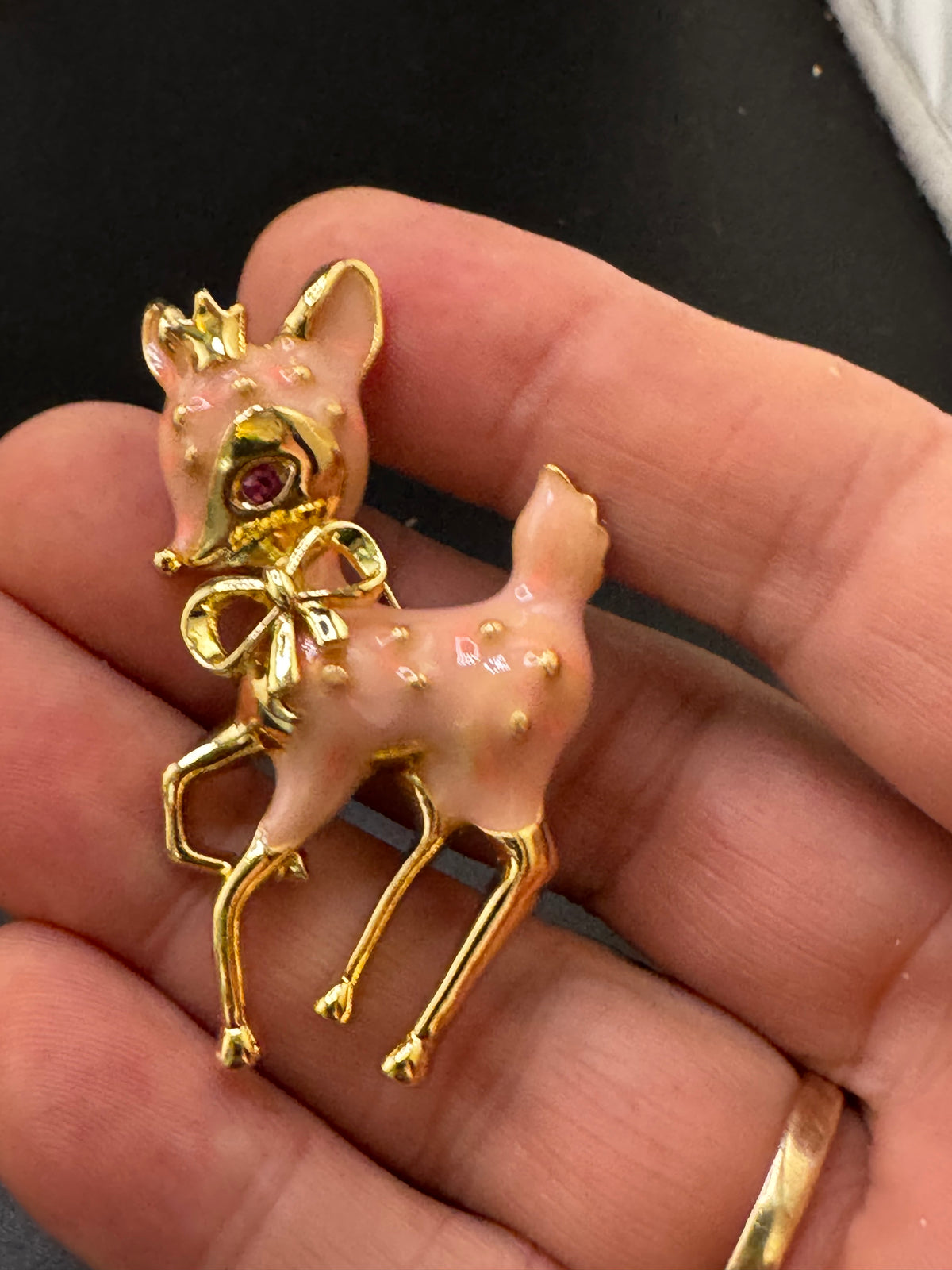 Pink enamel christmas reindeer brooch, gold tone , festive jewellery