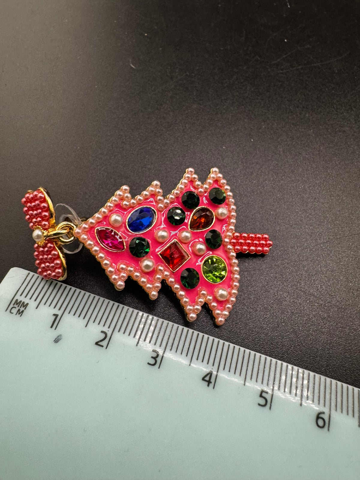 Oversized pink Christmas tree dangly earrings for pierced ears