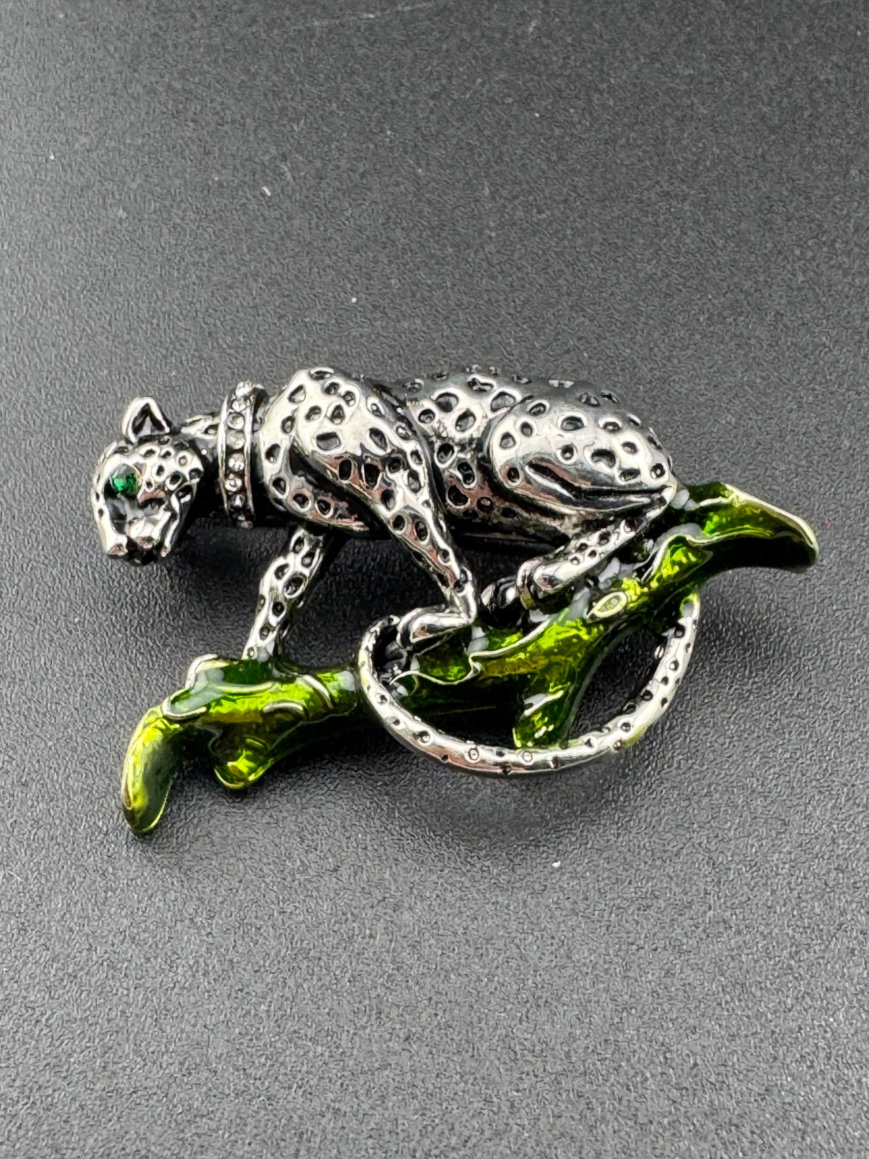 green enamel rhinestone silver tone Big Cat leopard brooch for coat