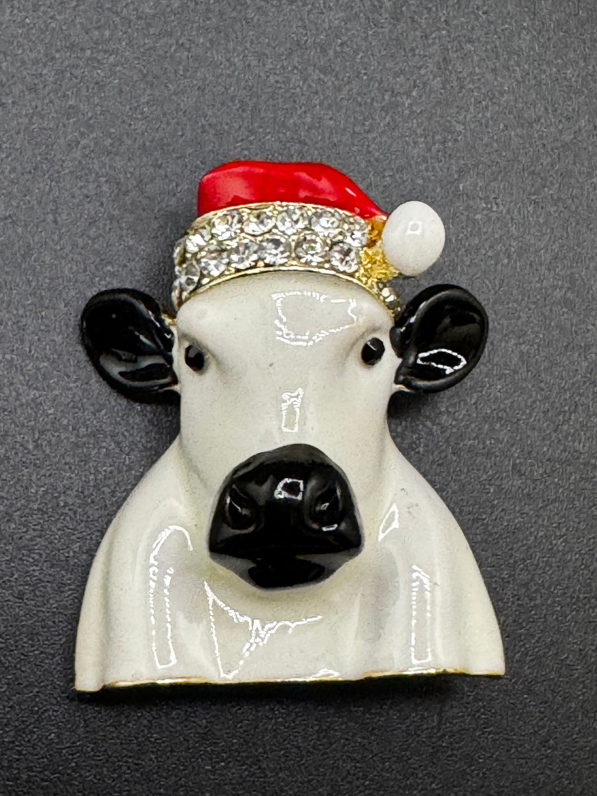 Christmas cow brooch, white enamel novelty Christmas hat with rhinestones, festive jewellery