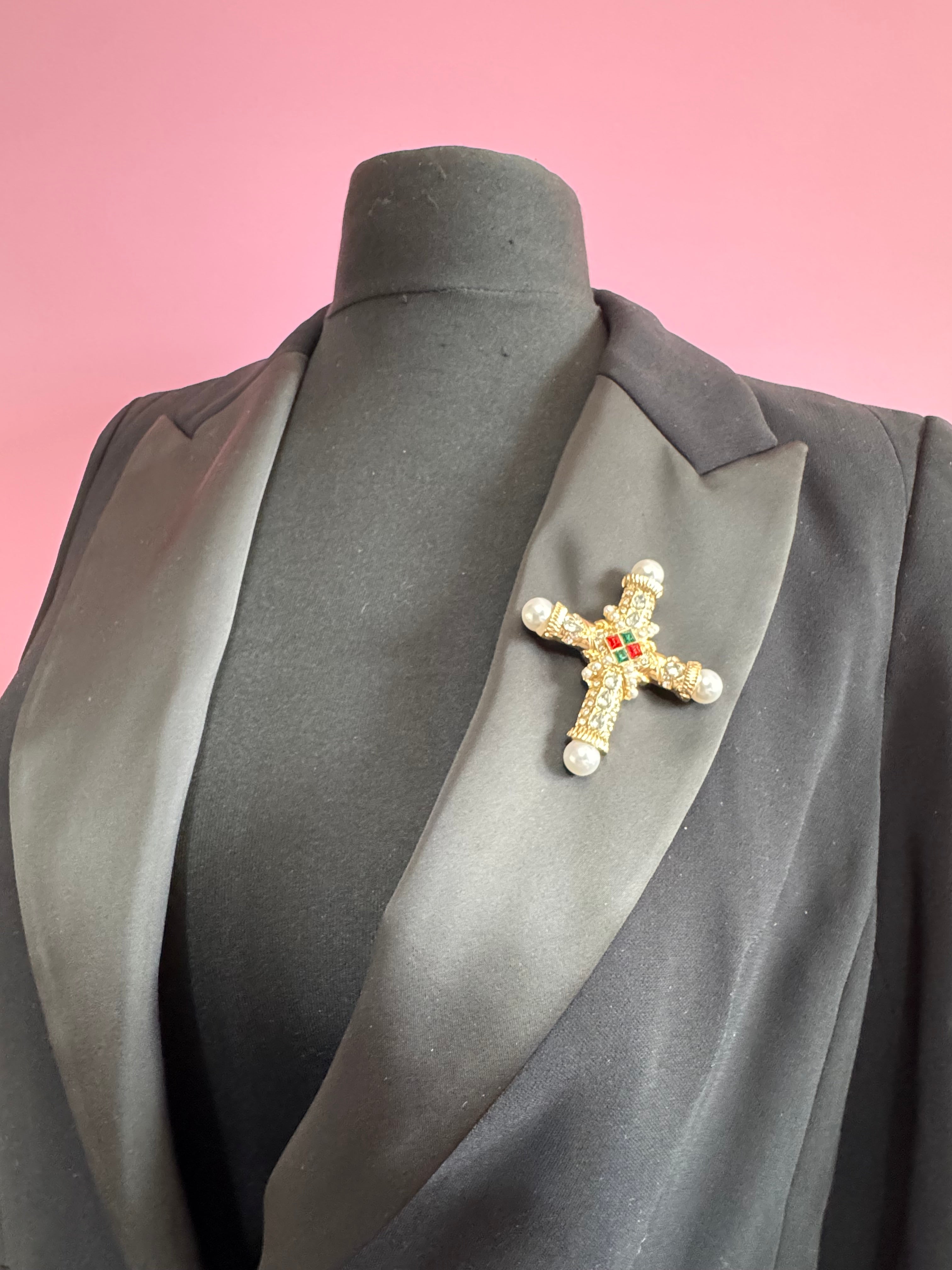 gold cross brooch and pendant with pearl and diamanté