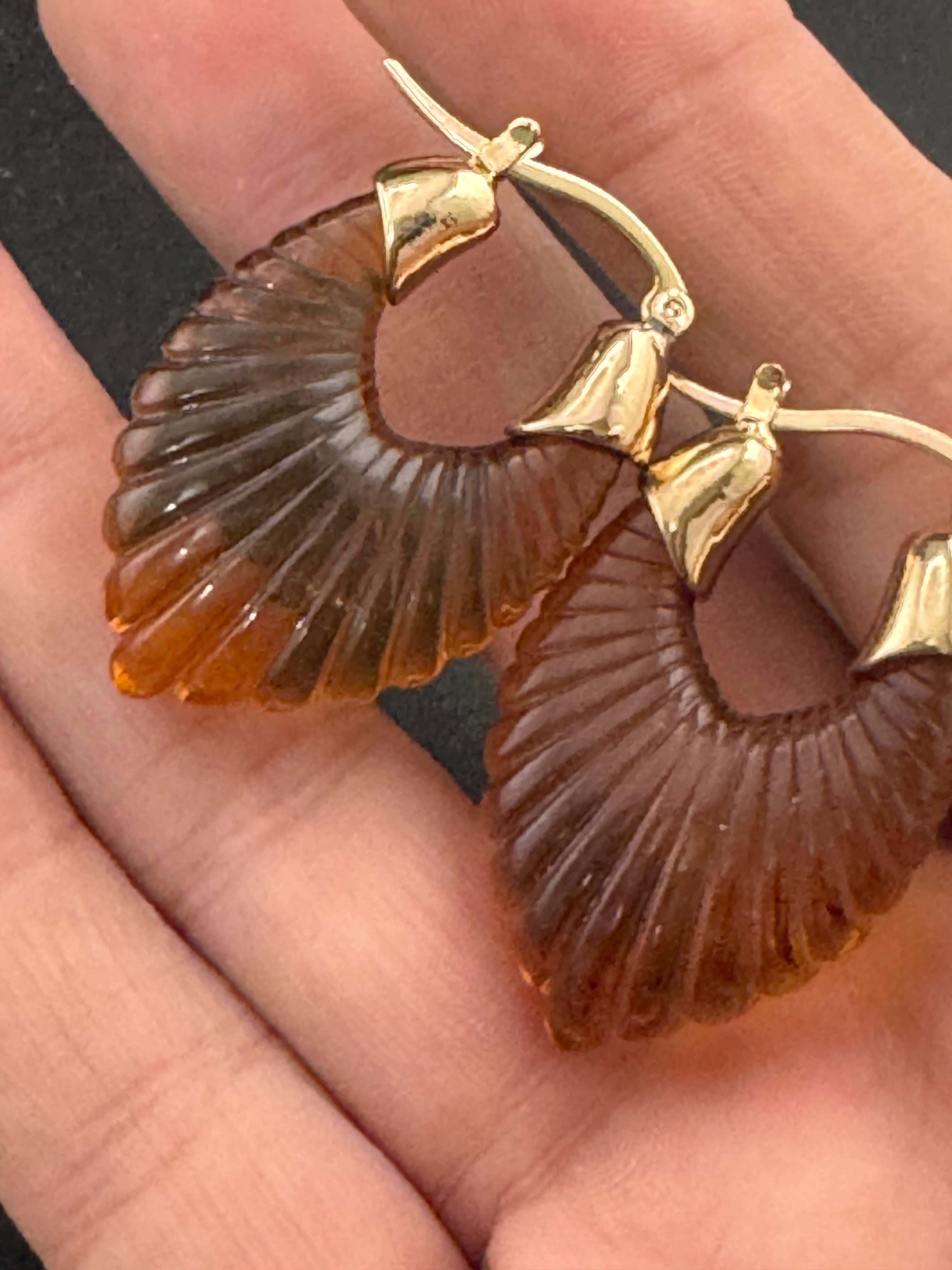 Brown acrylic gold tone pierced drop hoop earrings