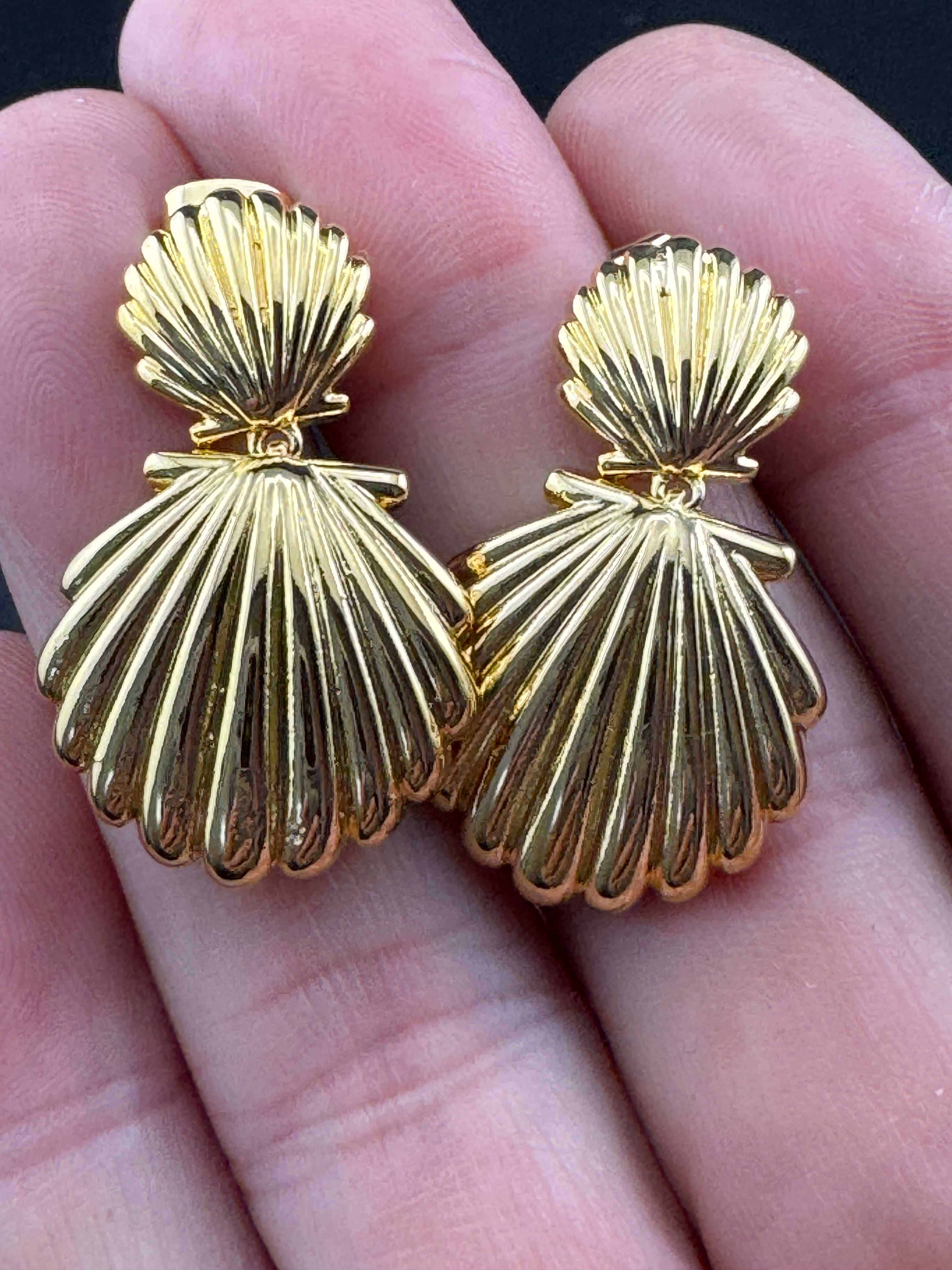 Nautical Gold seashell drop earrings , pierced door knocker hinged