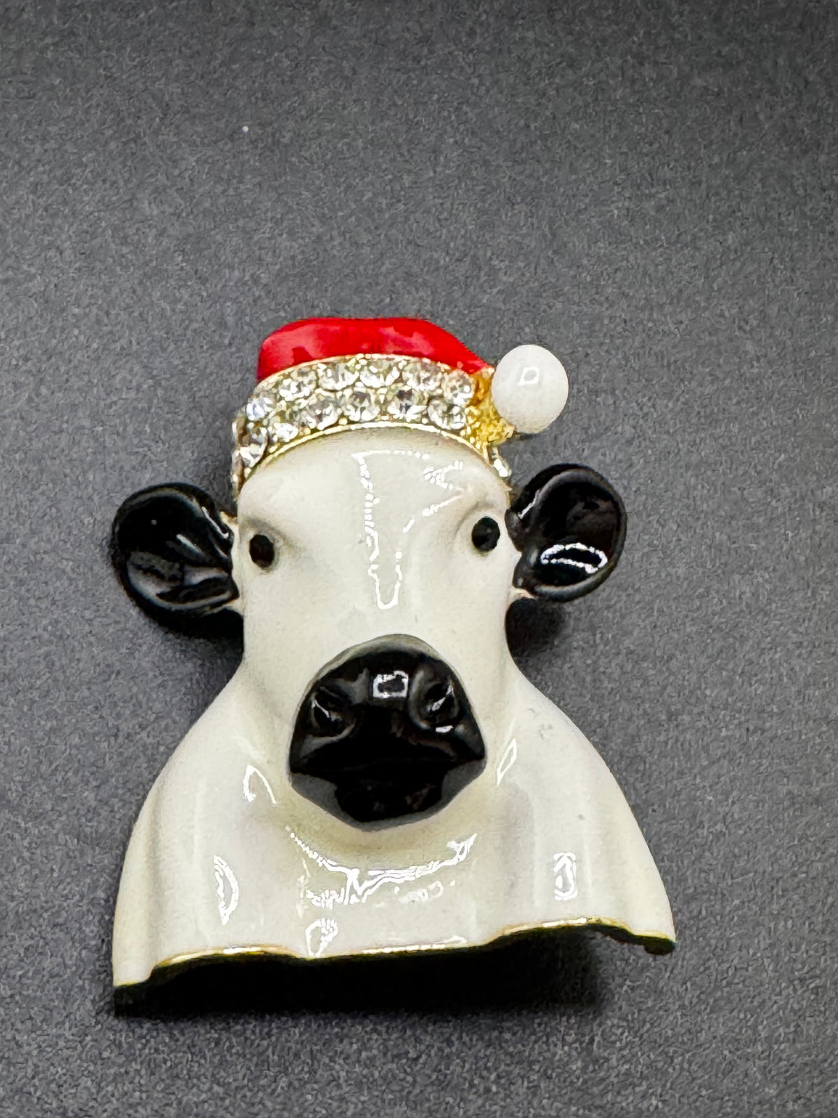 Christmas cow brooch, white enamel novelty Christmas hat with rhinestones, festive jewellery