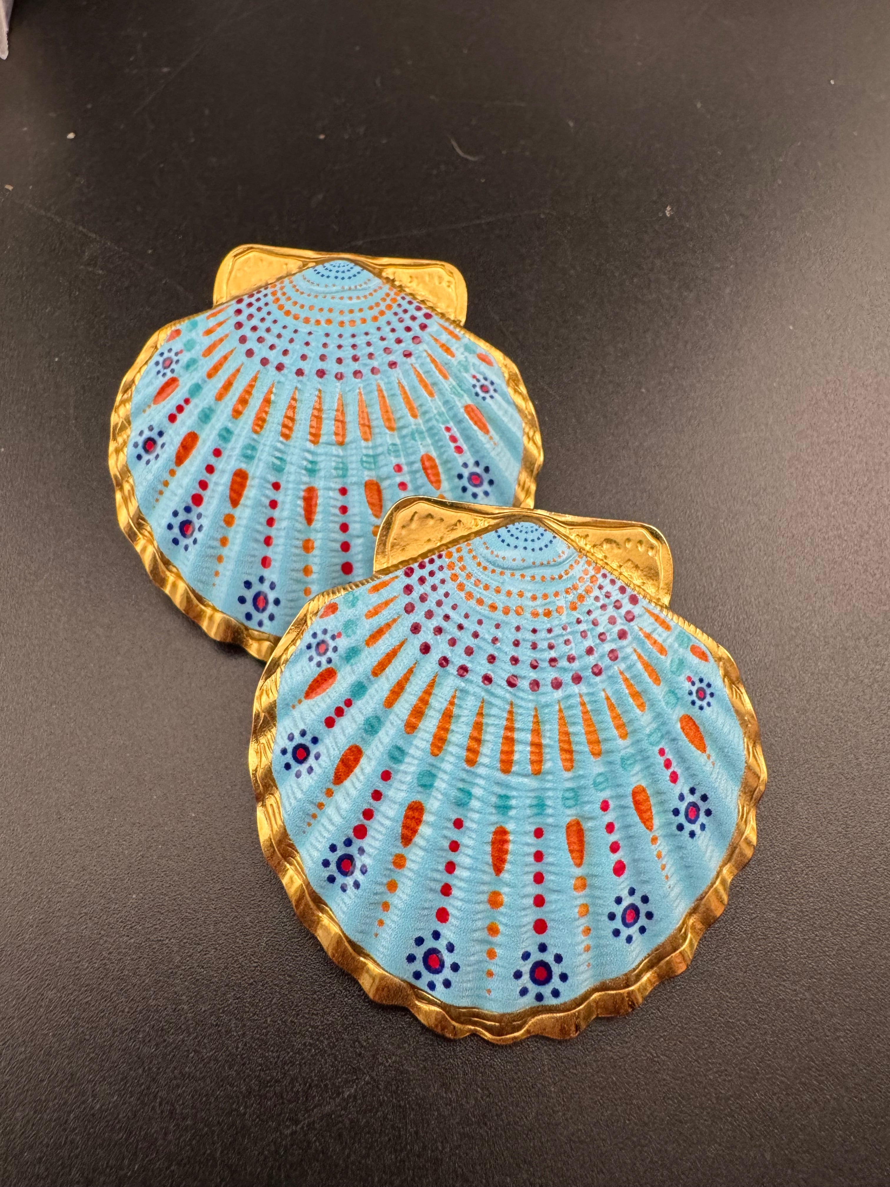 Oversized sea shell enamel earrings for pierced ears turquoise and white